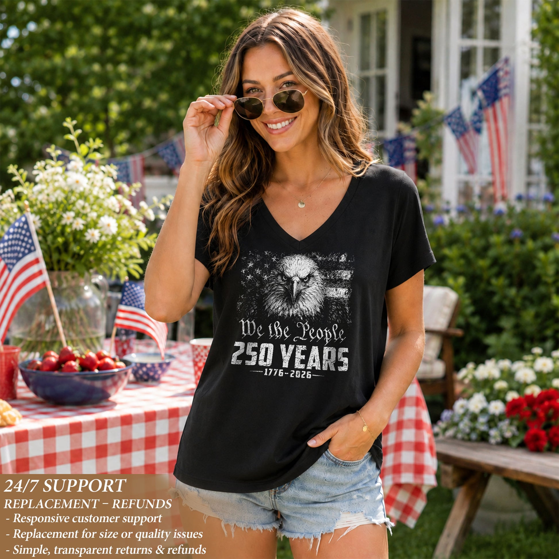 Women's V-Neck Graphic T-Shirt Eagle 1776-2026 Patriotic Design We The People Top - Rust Field Wear