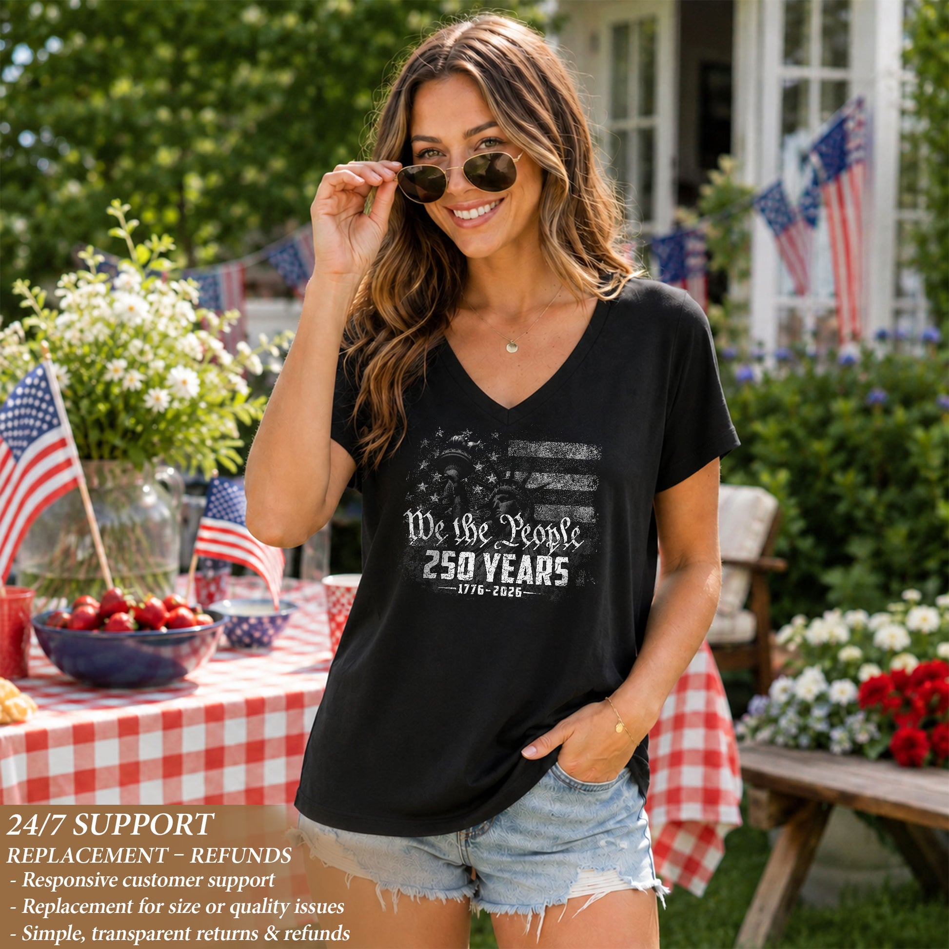 Women's Statue of Liberty V-Neck Tee "We The People" 1776-2026 Patriotic Apparel - Rust Field Wear