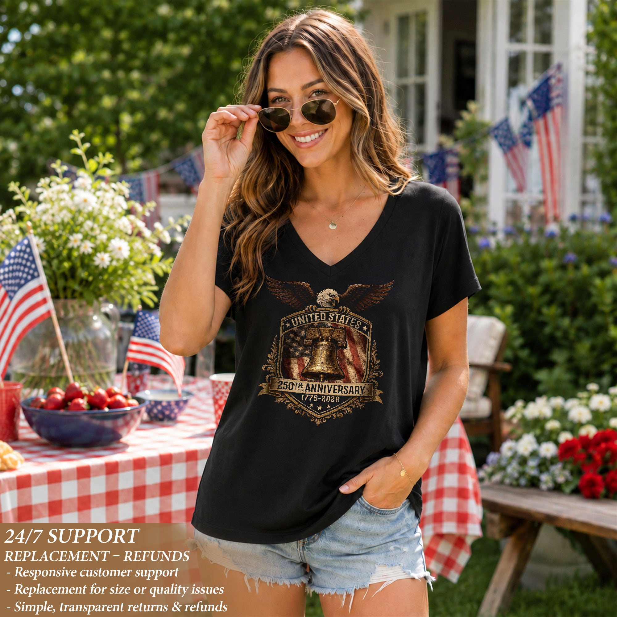Women's Graphic V-Neck T-Shirt US 250 Years 1776-2026 Anniversary Patriotic Design - Rust Field Wear