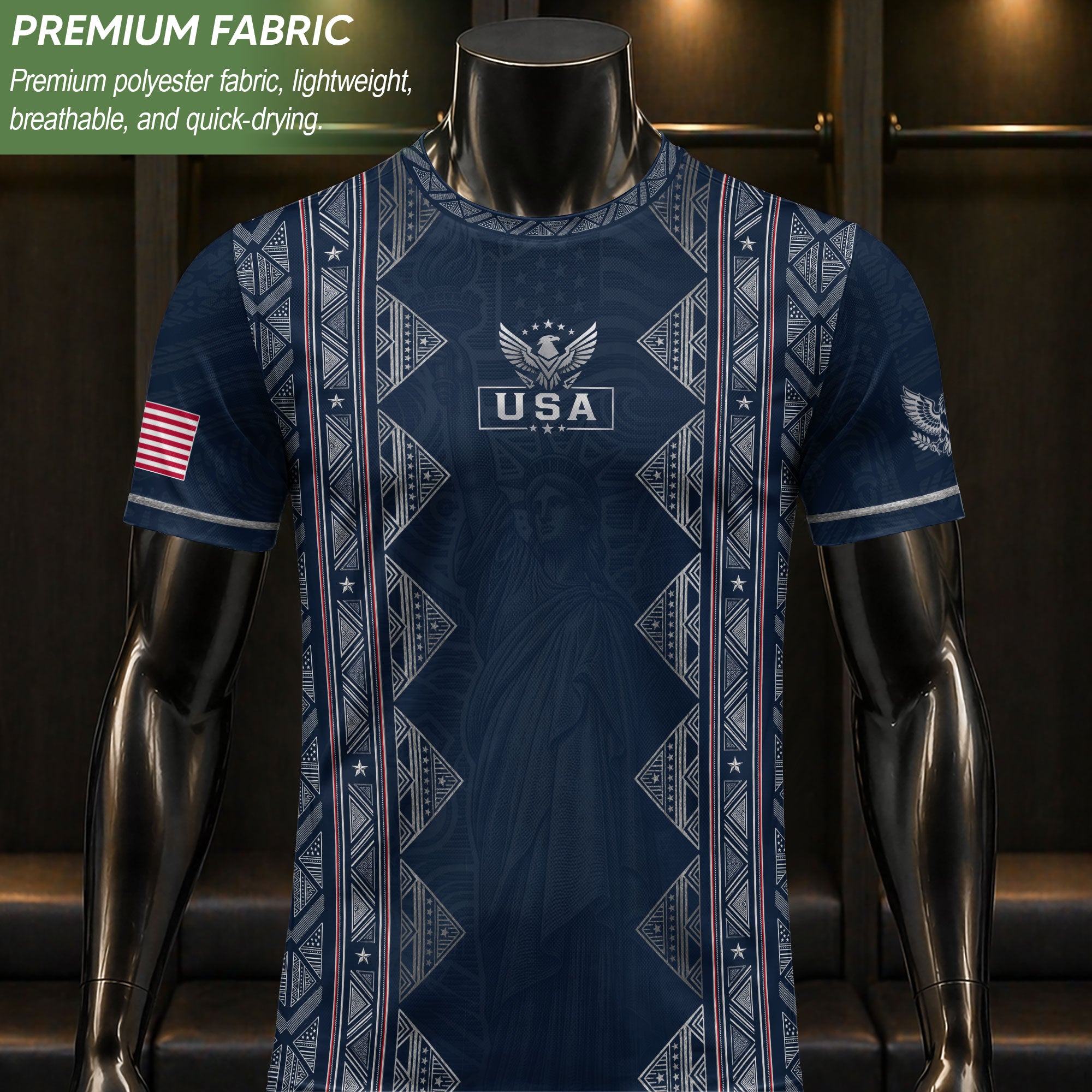 Adult Soccer Jersey Blue Patriotic Design - Iconic Statue of Liberty Sport Graphic Tee