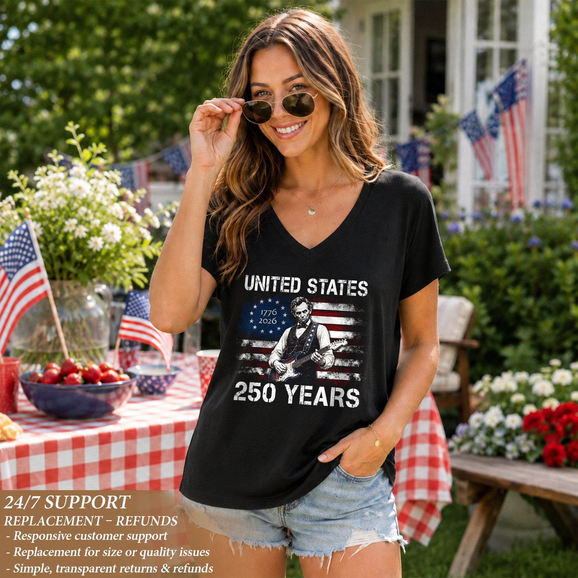 Rock Lincoln 1776-2026 Patriotic V-Neck T-Shirt - Women's Graphic Summer Casual Tee