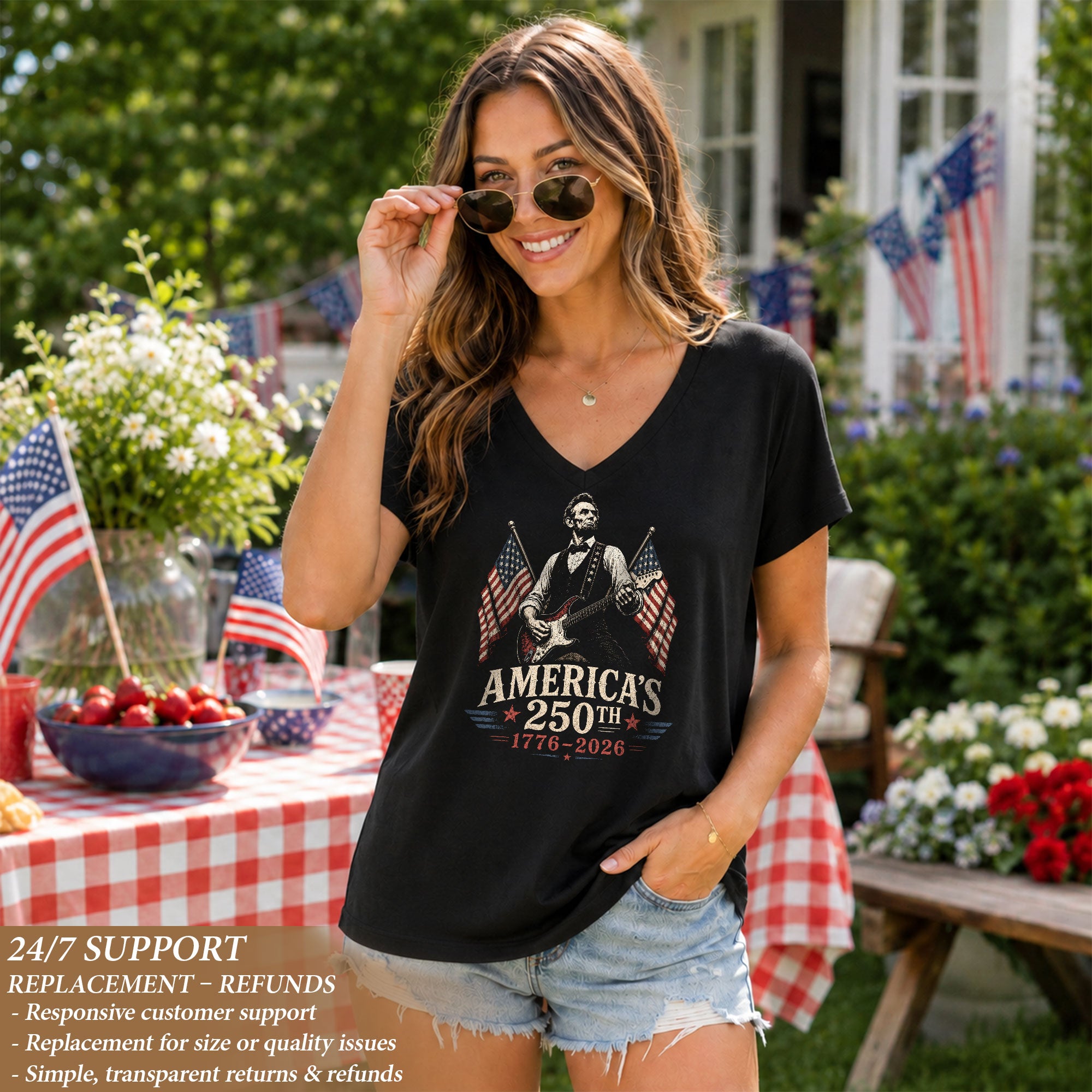 Women's V-Neck Patriotic Tee Abraham Lincoln Guitarist 1776-2026 Anniversary Shirt