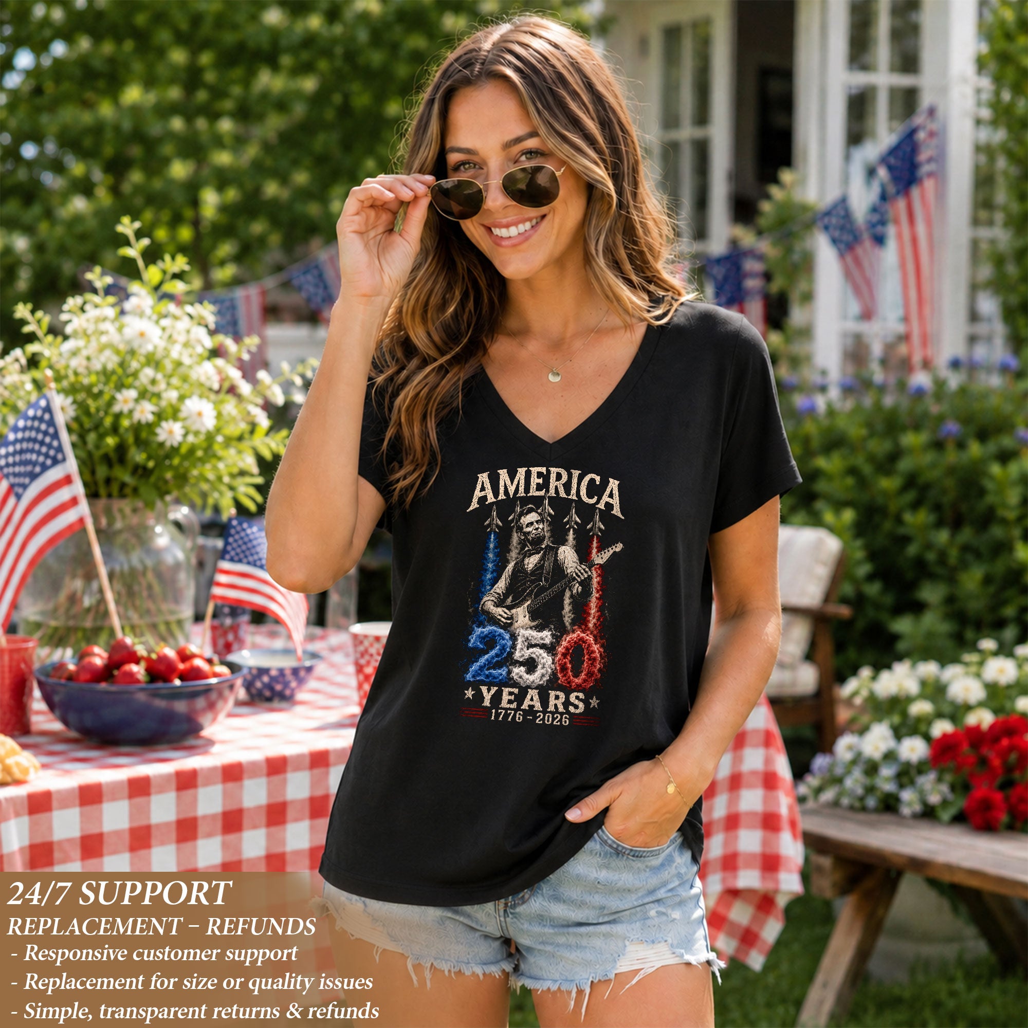 Patriotic V-Neck T-Shirt Women Lincoln Playing Guitar 1776-2026 Jet Graphic Top