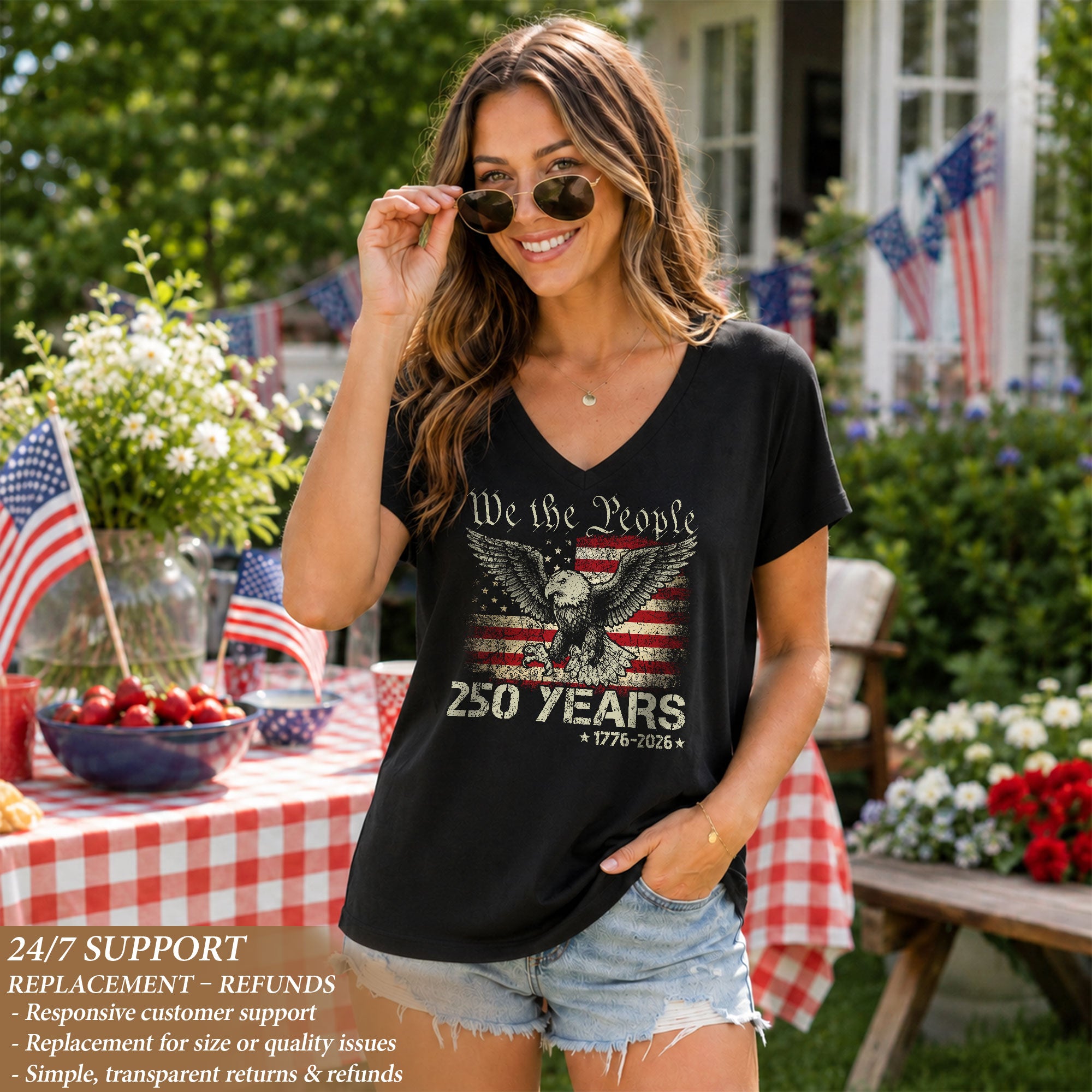 Patriotic We The People Eagle V-Neck T-Shirt Women 1776-2026 Historical Graphic Top - Rust Field Wear