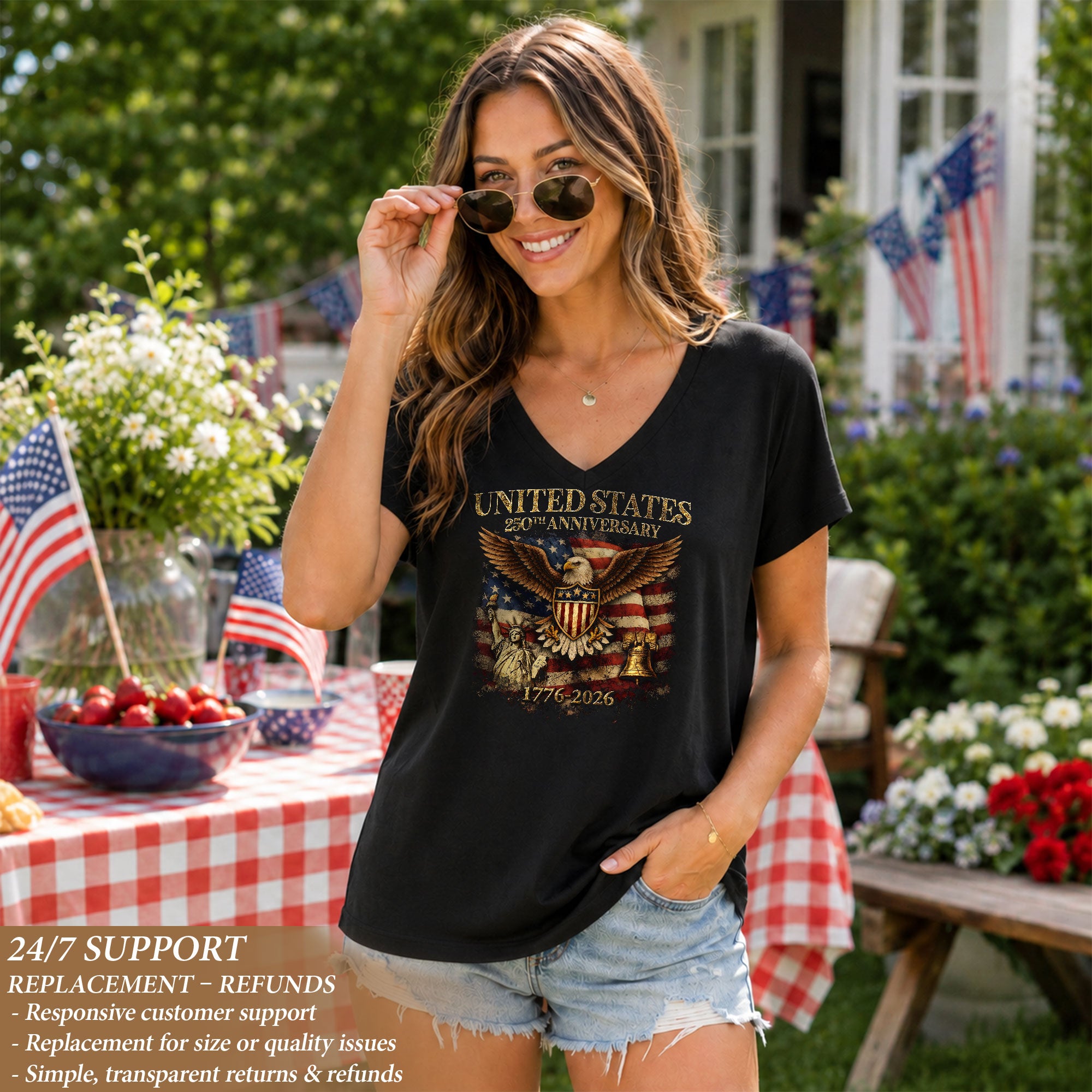 Women's V-Neck Graphic T-Shirt Eagle Statue of Liberty 1776-2026 Patriotic Apparel - Rust Field Wear
