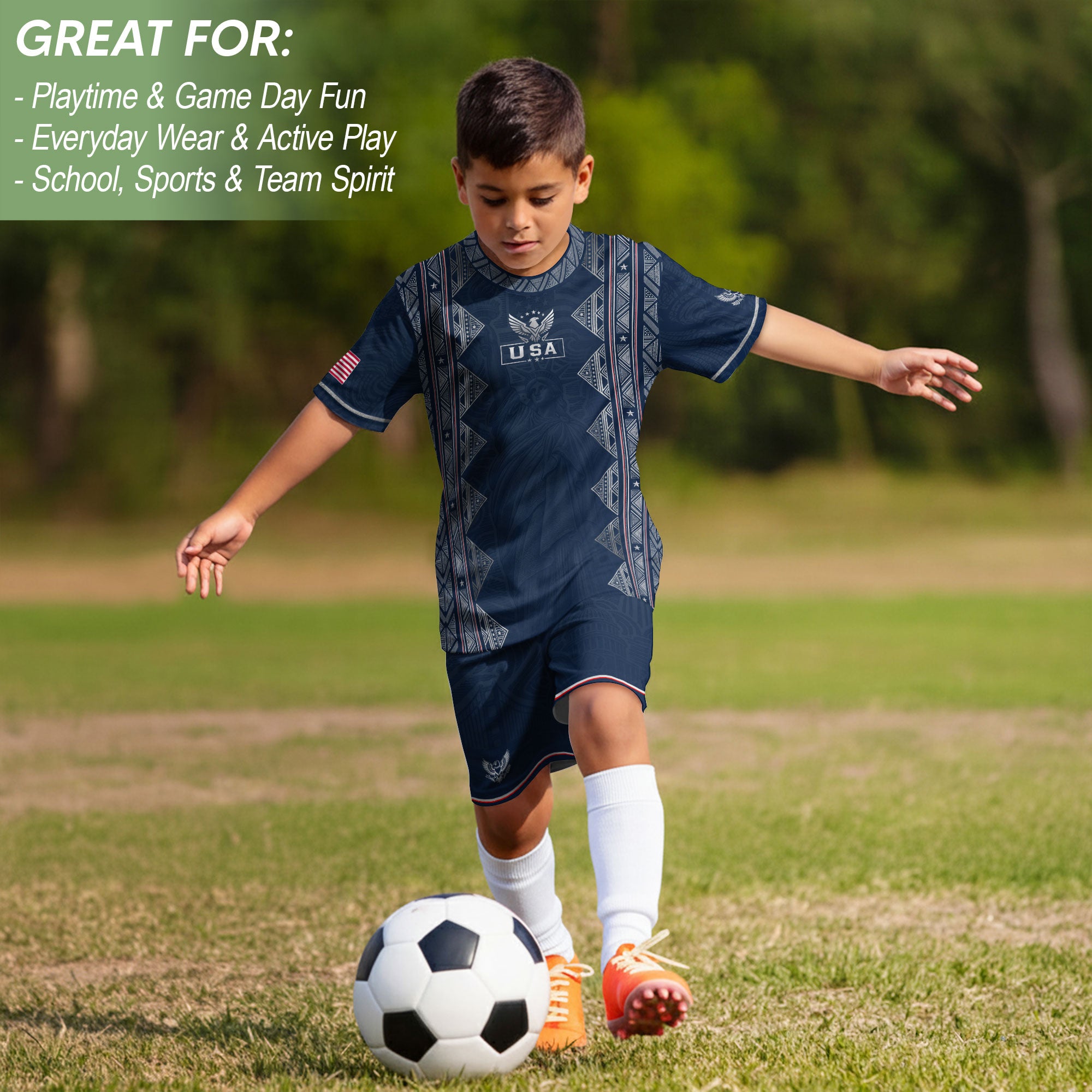 Youth Blue USA Football Jersey Breathable Patriotic Statue Liberty Design Fan Tee