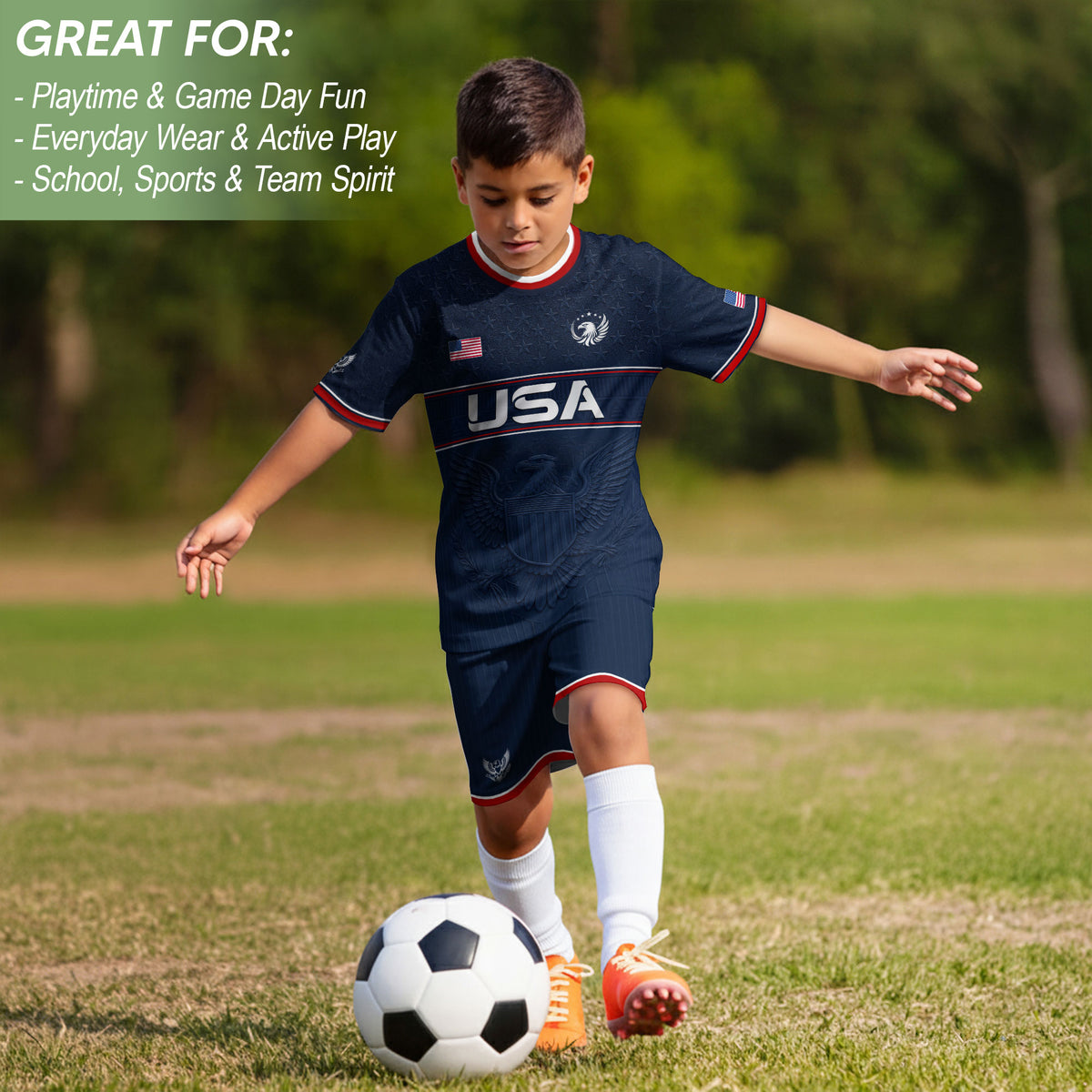 Youth Blue USA Football Shirt Patriotic Eagle Design Breathable Sport Training Tee - Rust Field Wear