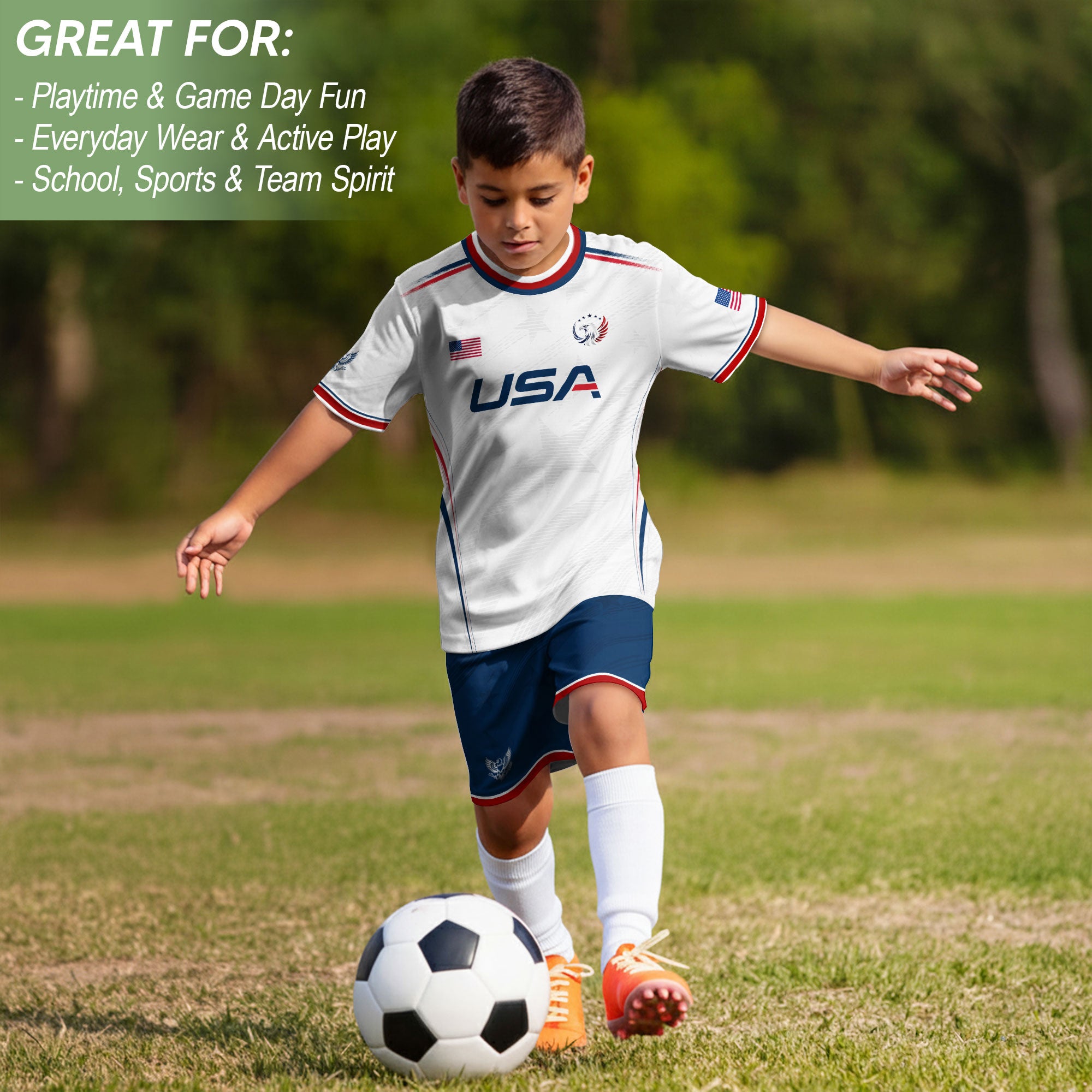 Kids' White USA Soccer Jersey Patriotic Eagle Graphic Print Breathable Fan Apparel