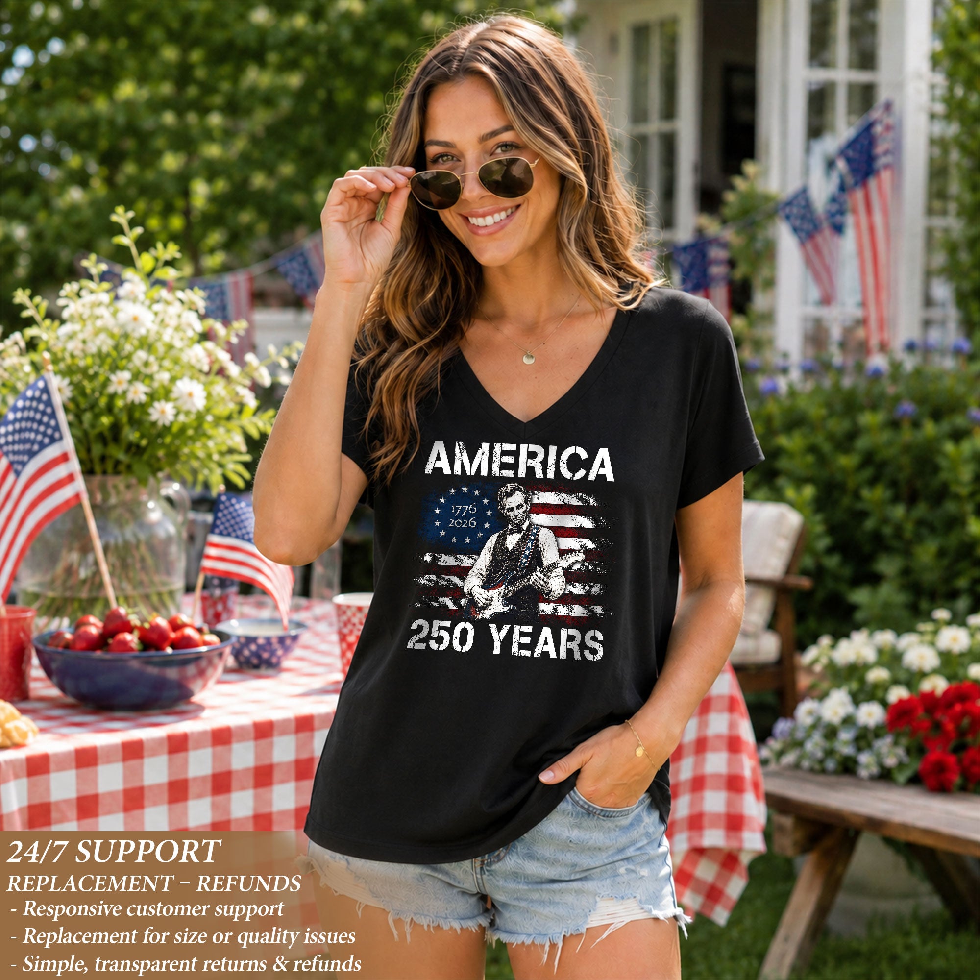 Rock Lincoln V Neck T-Shirt Patriotic 1776-2026 America 250 Years Women Graphic