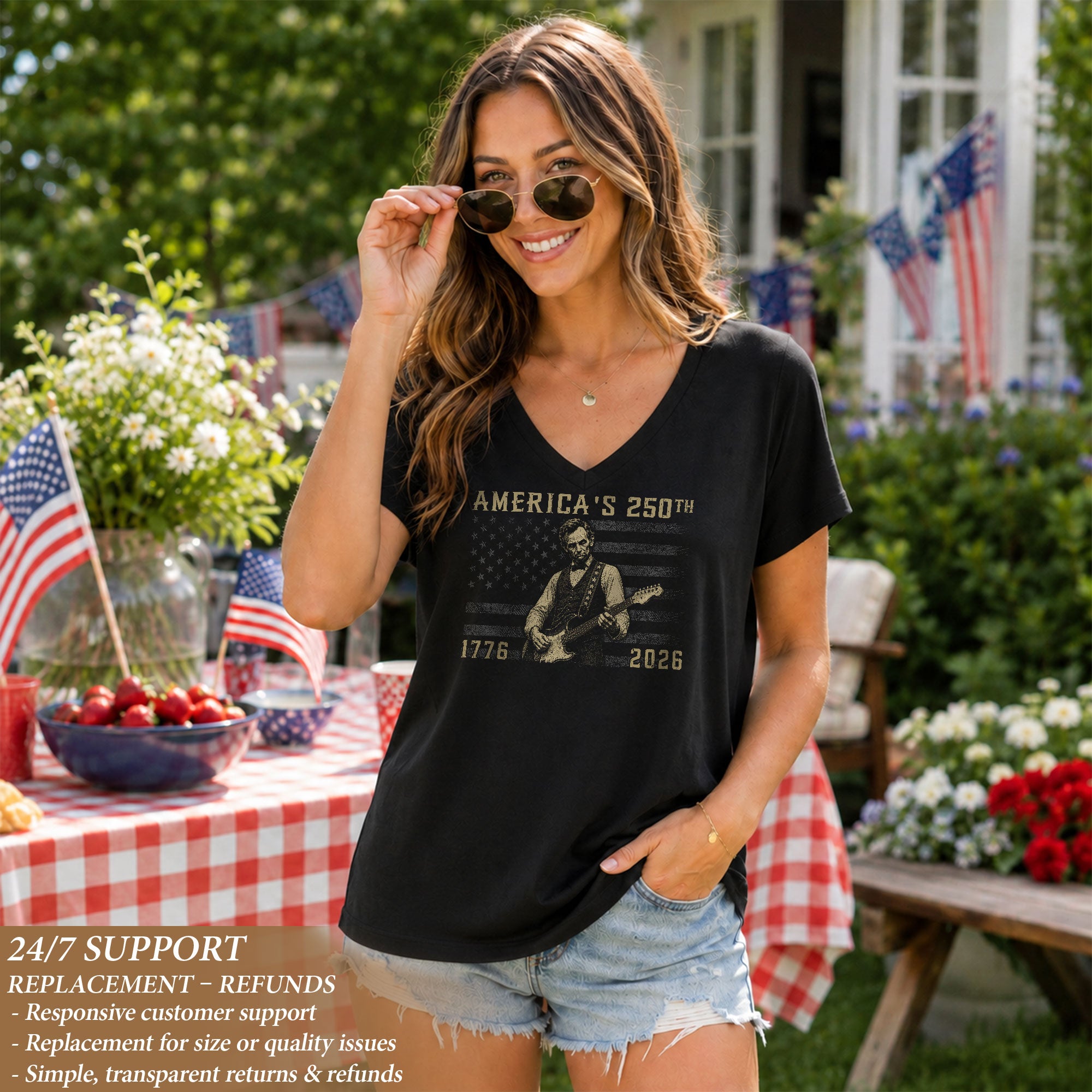 Lincoln Guitar V Neck T-Shirt Patriotic 1776-2026 America 250th Tee Graphic