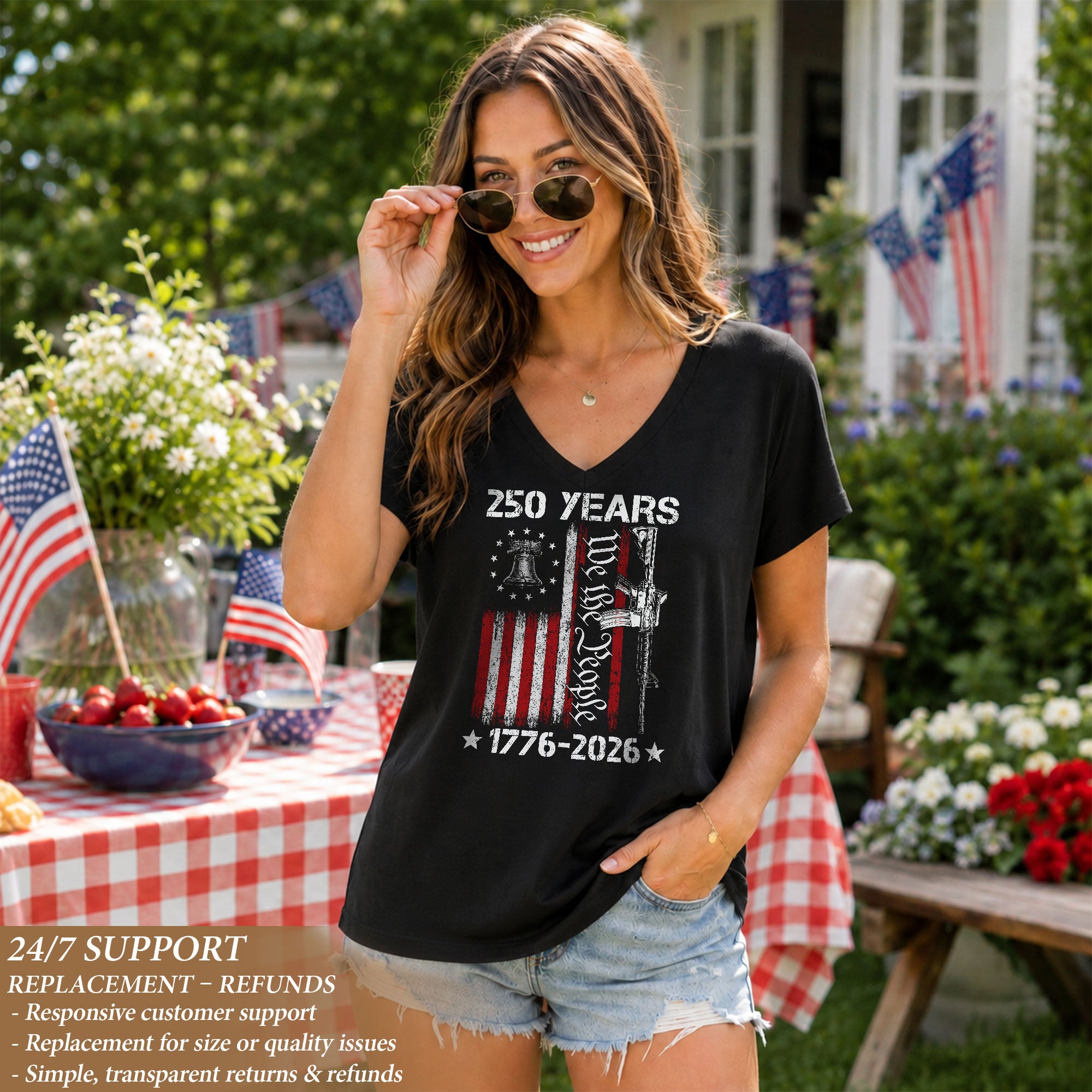 V-Neck T-Shirt Women Patriotic We The People 1776-2026 Liberty Bell Graphic Tee