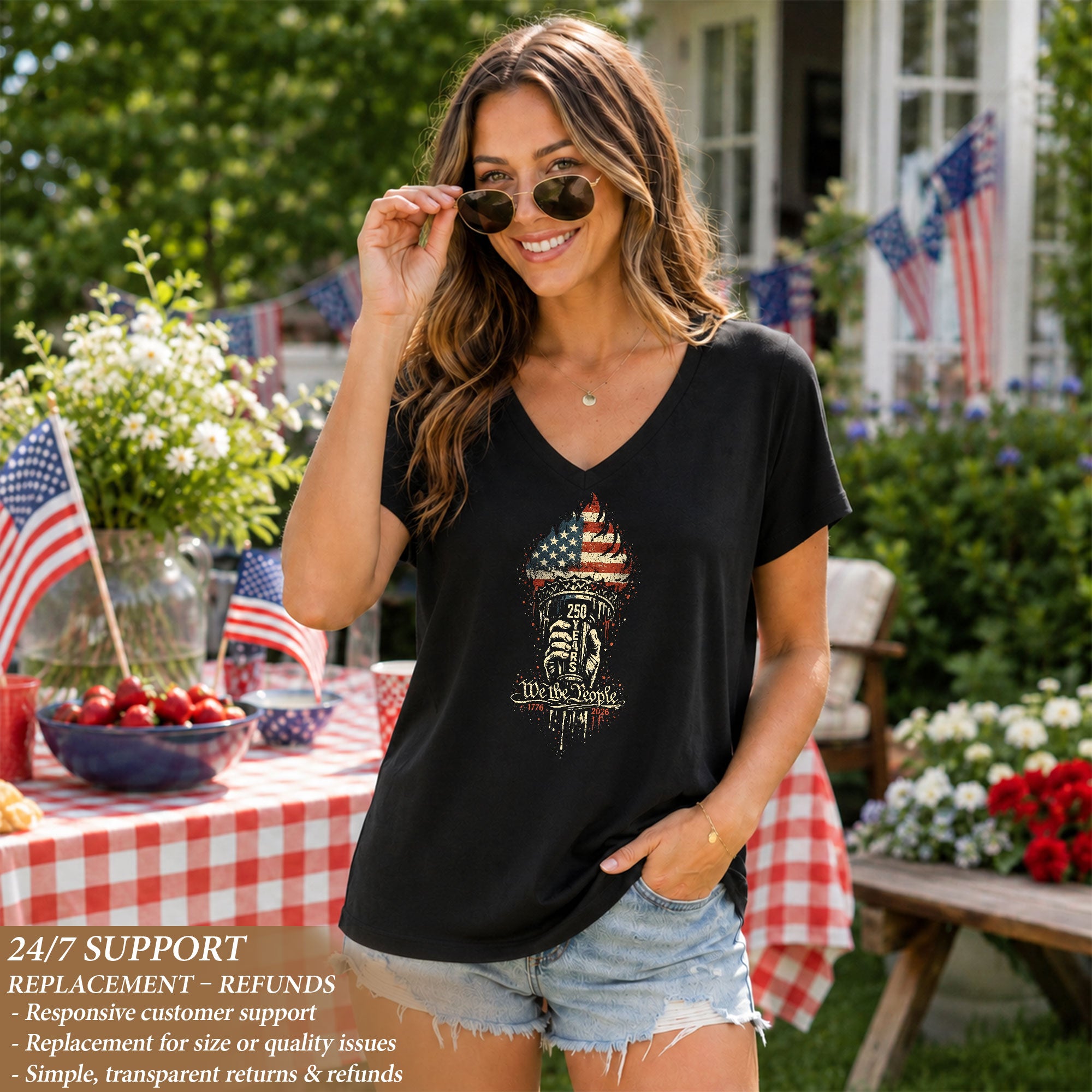 Women's V-Neck T-Shirt We The People 1776-2026 Patriotic Torch Graphic Casual Tee