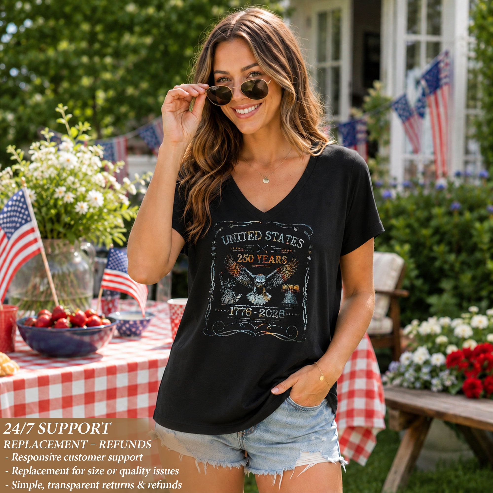 Patriotic V-Neck T-Shirt Women United States Eagle 1776-2026 Graphic Design Tee