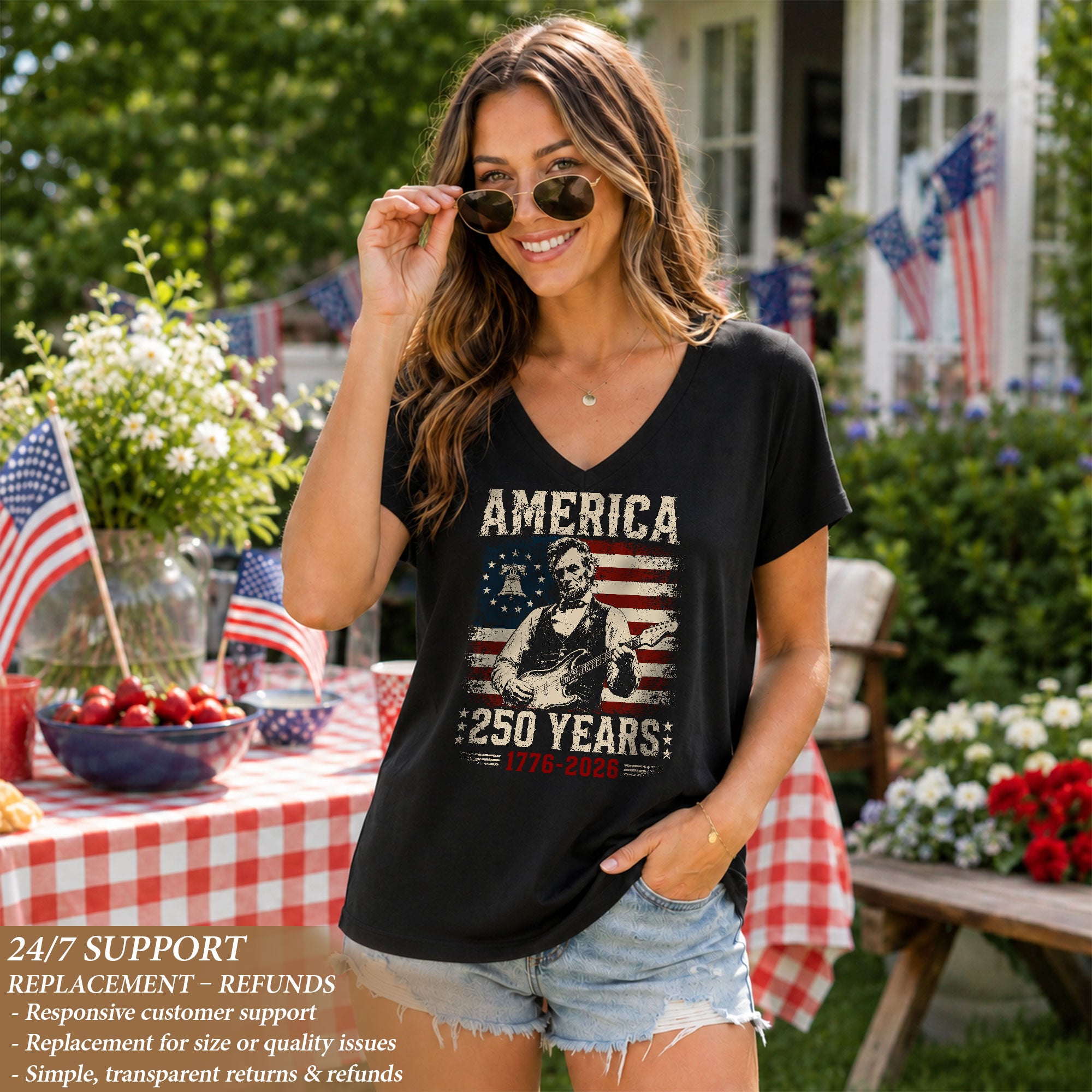 Liberty Bell Lincoln V-Neck Shirt Vintage 1776-2026 250 Years Patriotic Women Tee