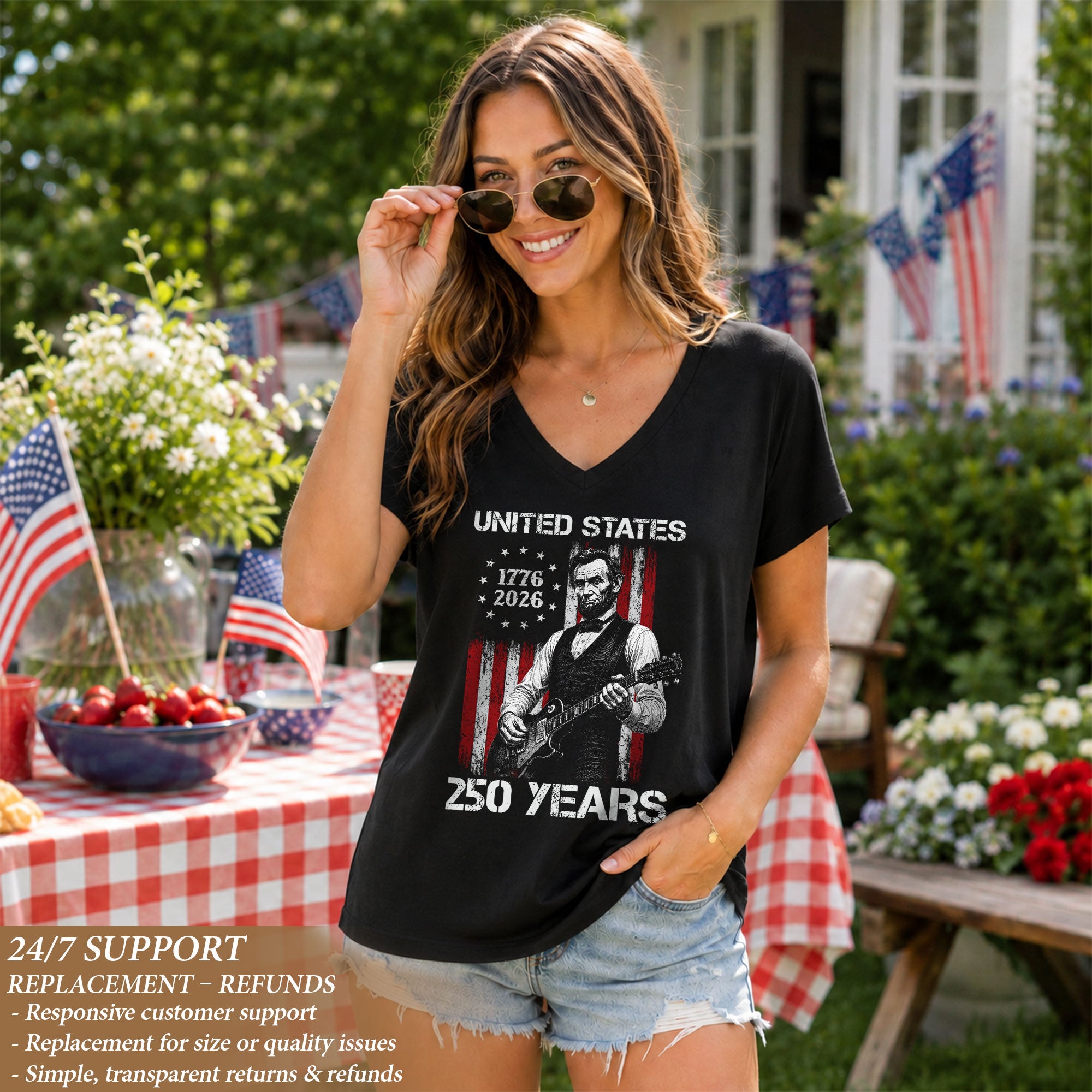 Patriotic Lincoln Flag V-Neck Shirt Vintage 1776-2026 250 Years Freedom Womens Tee