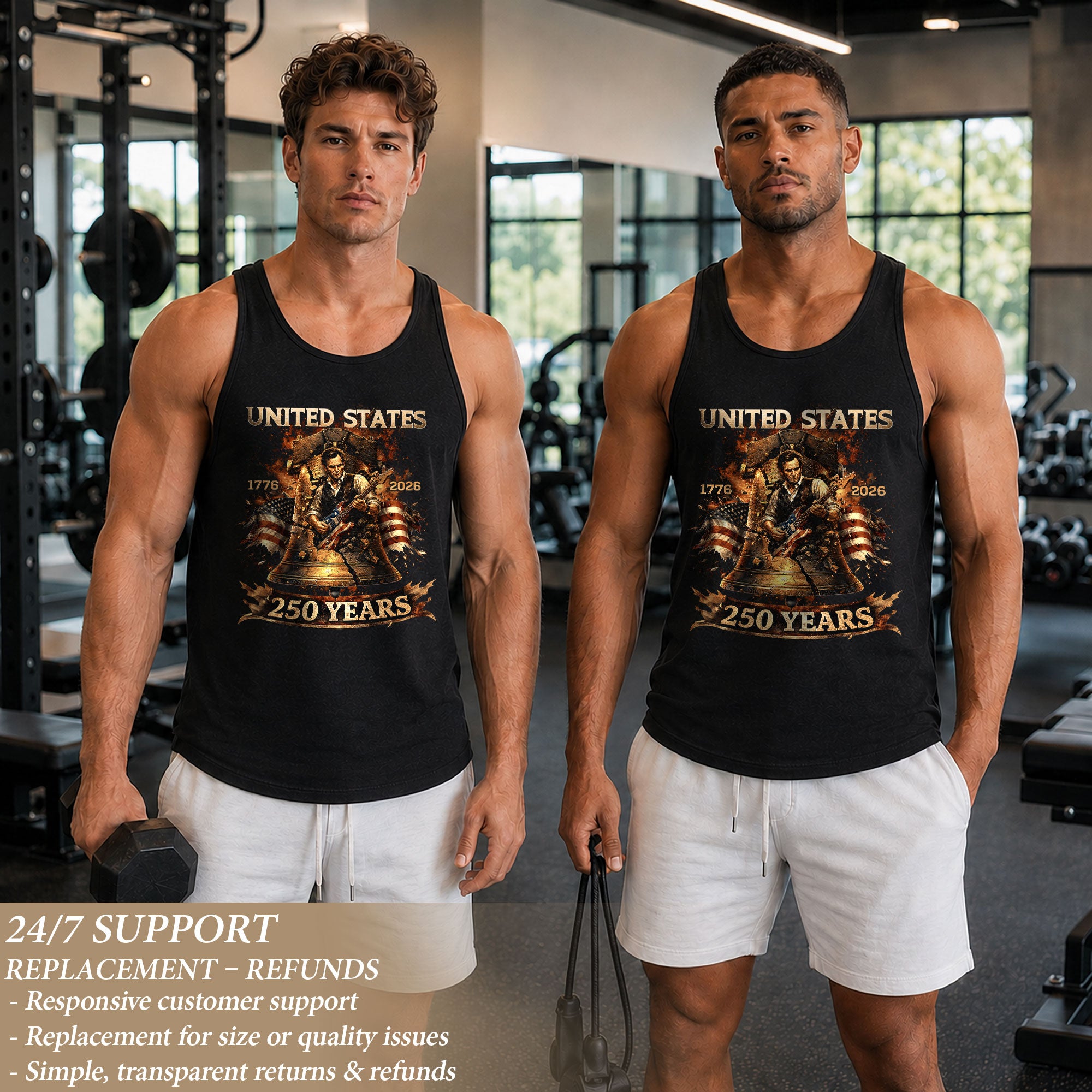Men's Tank Top Patriotic Guitarist Bell Graphic 1776-2026 Historical Style Sleeveless Tee
