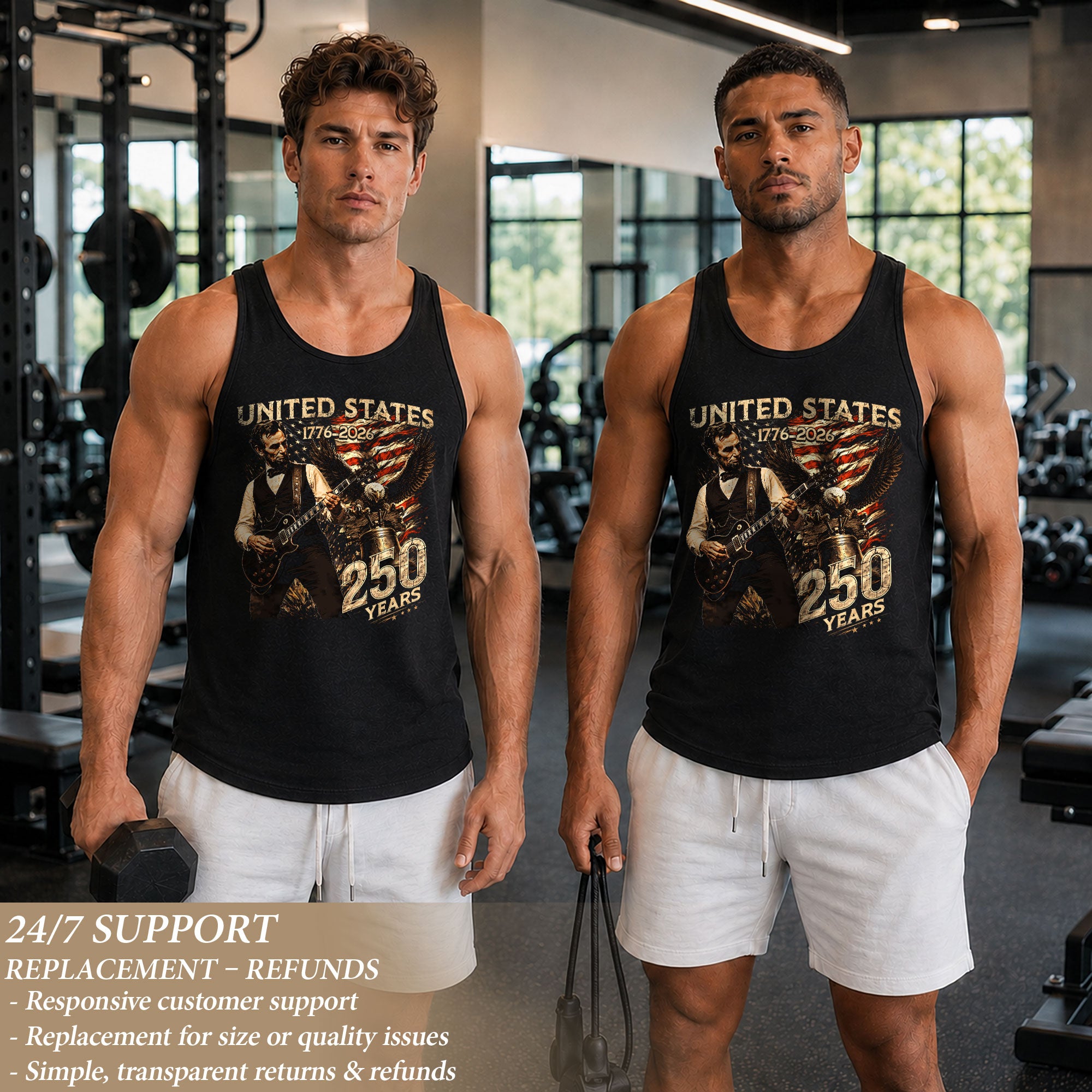 Men's Patriotic Tank Top Abraham Lincoln Guitar Graphic 1776-2026 Historical Style Tee