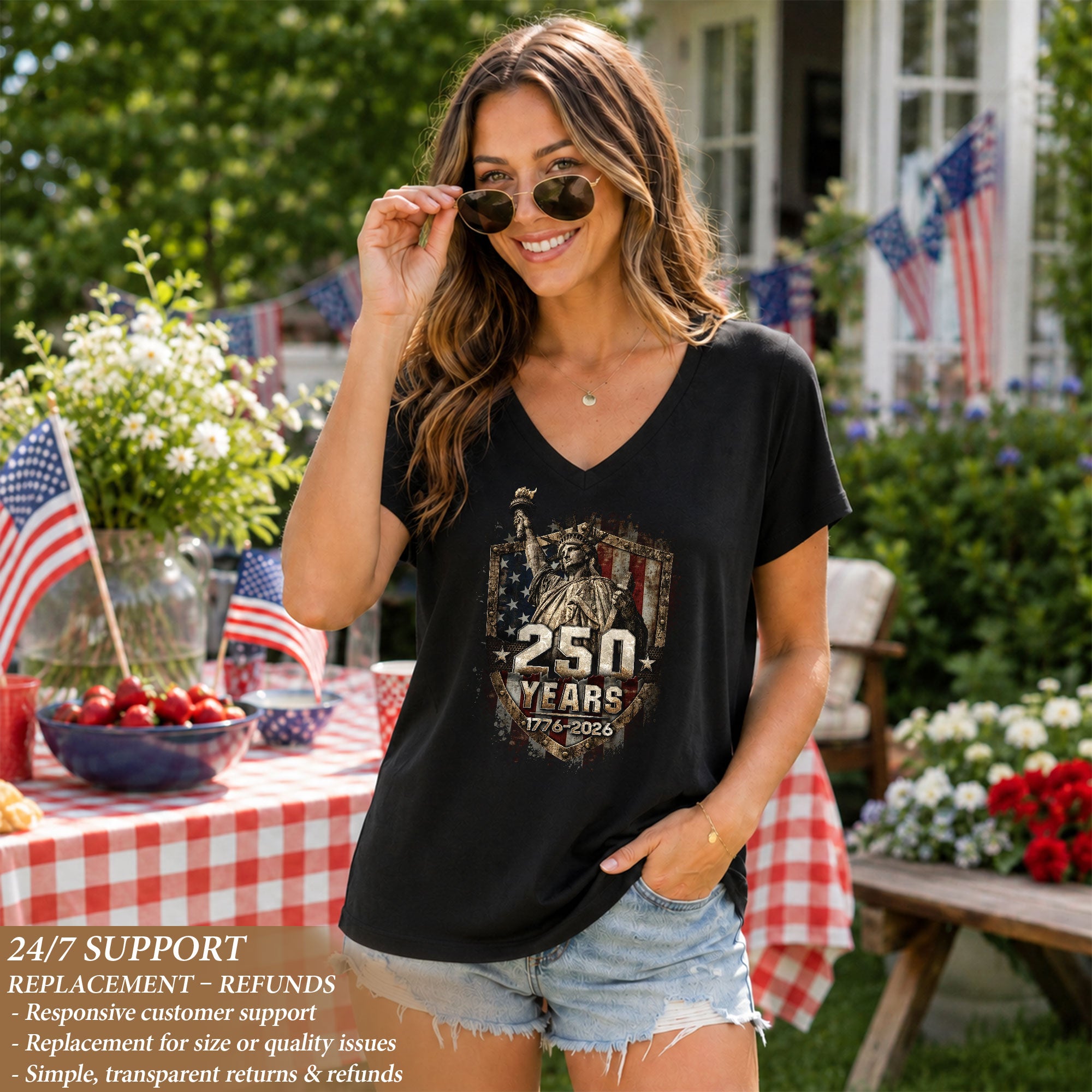 Rock Lincoln V Neck T-Shirt Patriotic 1776-2026 America 250th Women Graphic Tee