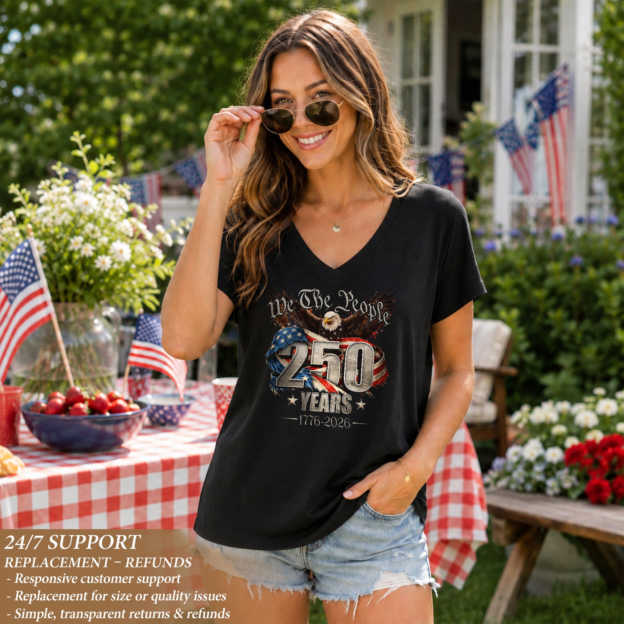 We The People V Neck T-Shirt Patriotic Eagle 1776-2026 America 250 Years Navy Tee