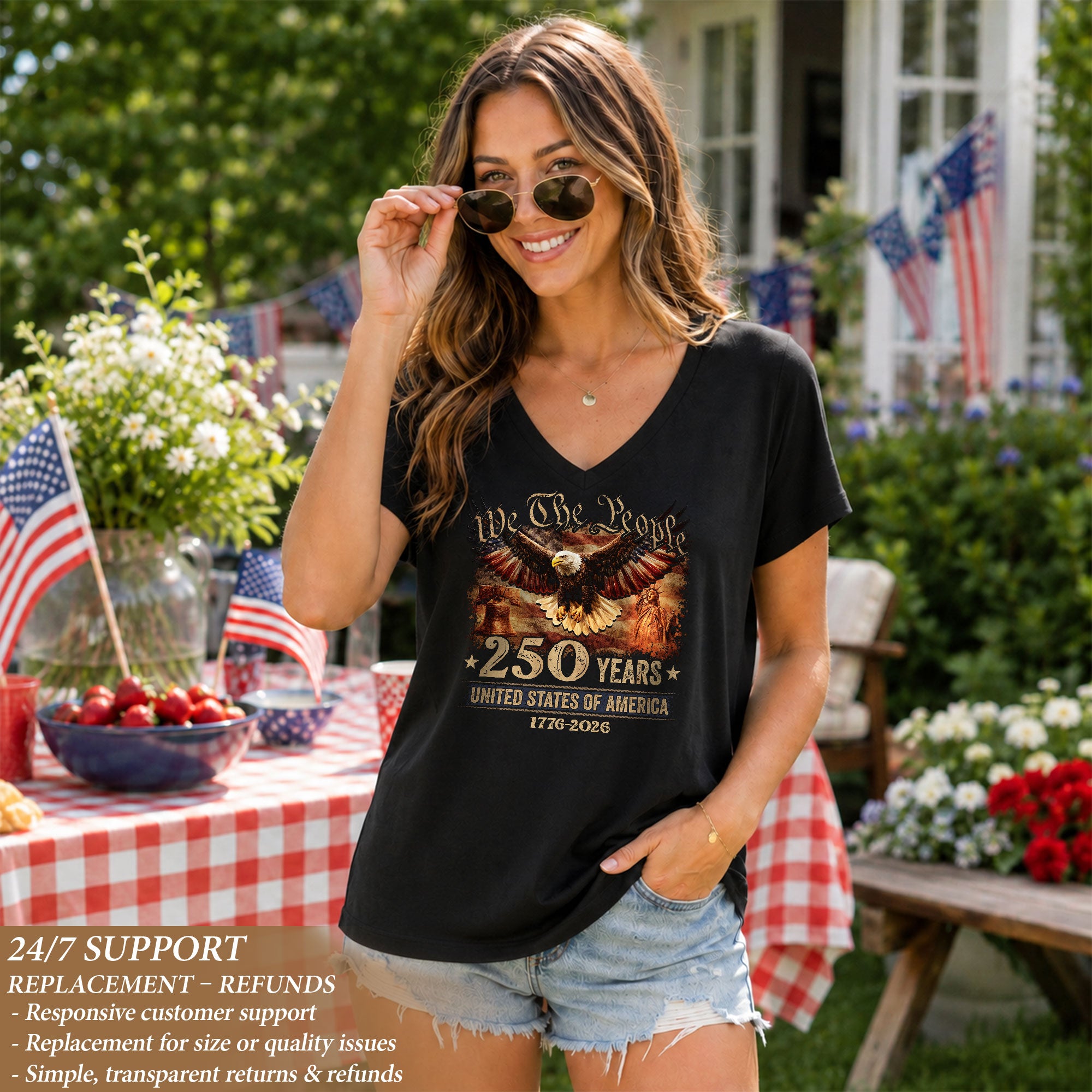 Patriotic Eagle Liberty Bell V-Neck Shirt Vintage 1776-2026 America 250 Years Tee