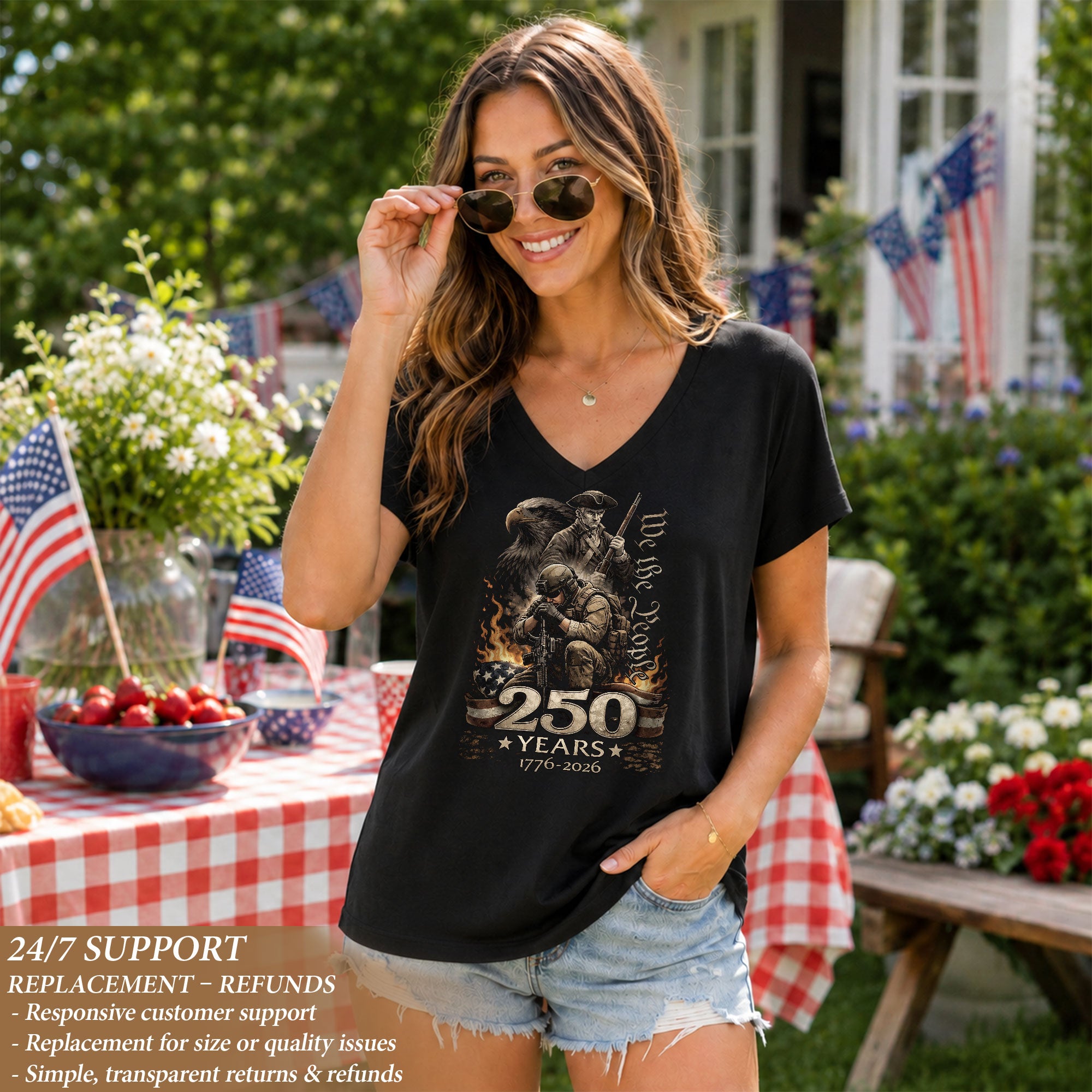 250 Years We The People V-Neck T-Shirt Patriotic Veteran Eagle USA 1776-2026