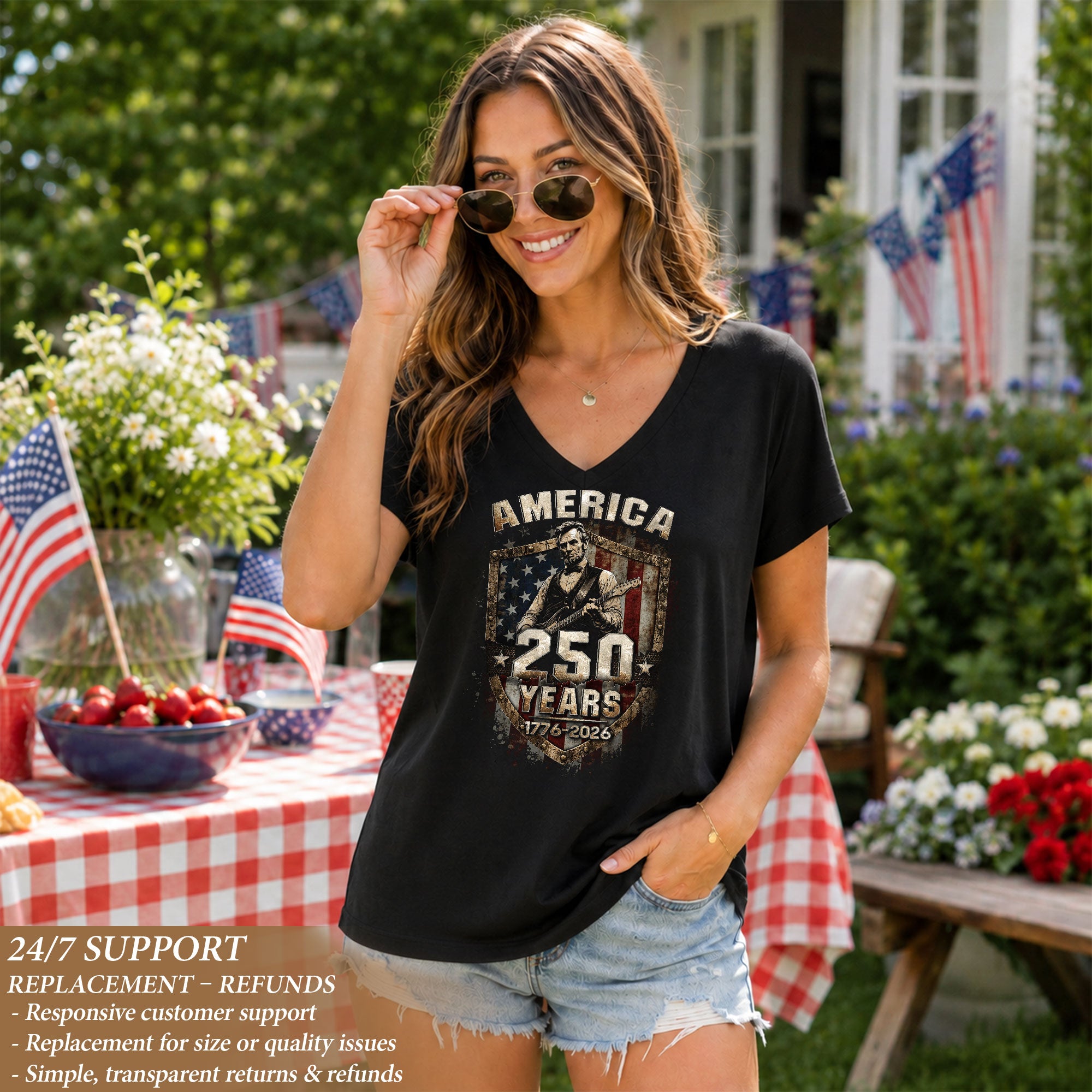 America 250 Years V-Neck T-Shirt Abraham Lincoln Patriotic USA 1776-2026 Tee