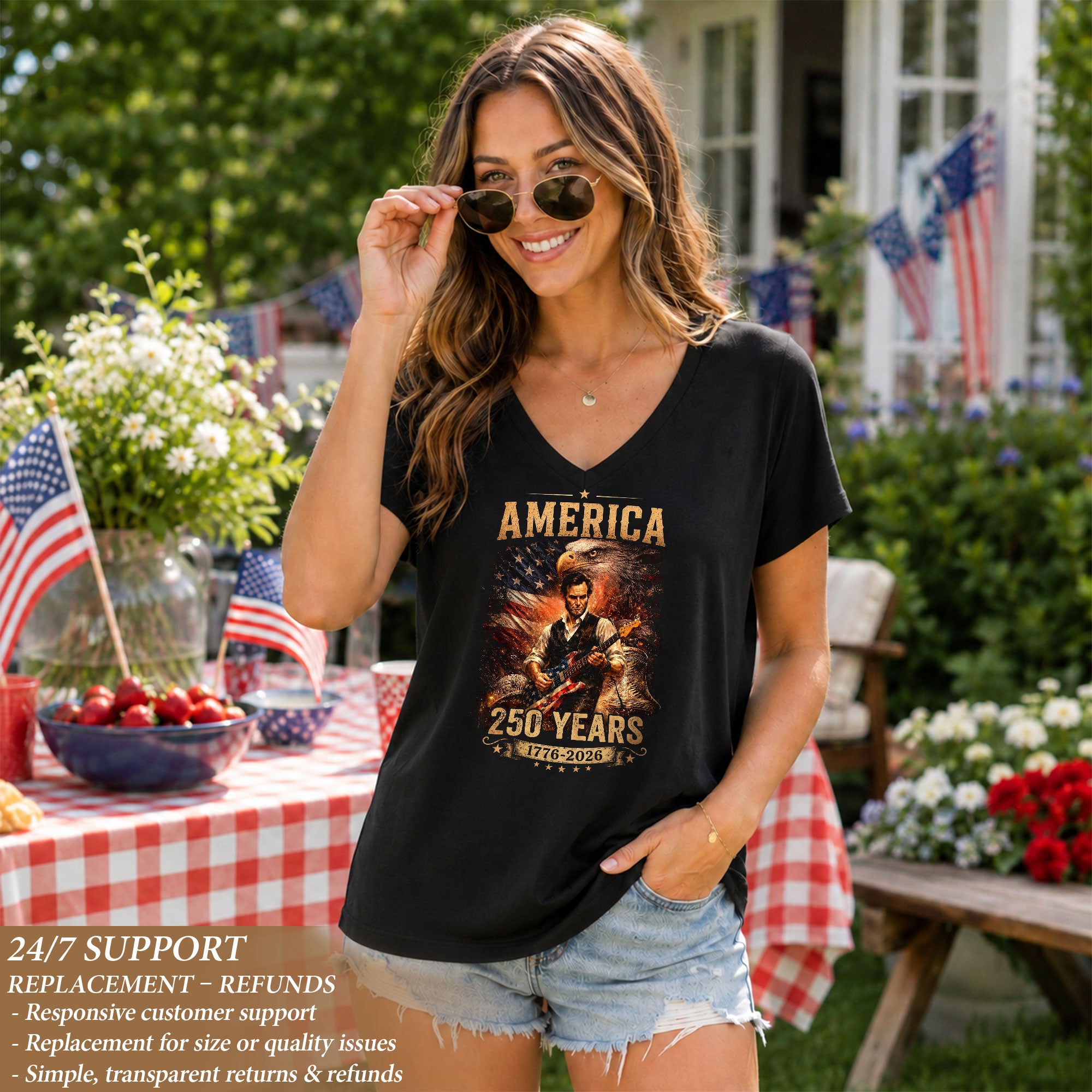 America 250 Years V-Neck T-Shirt Eagle Lincoln Guitar Patriotic USA 1776-2026