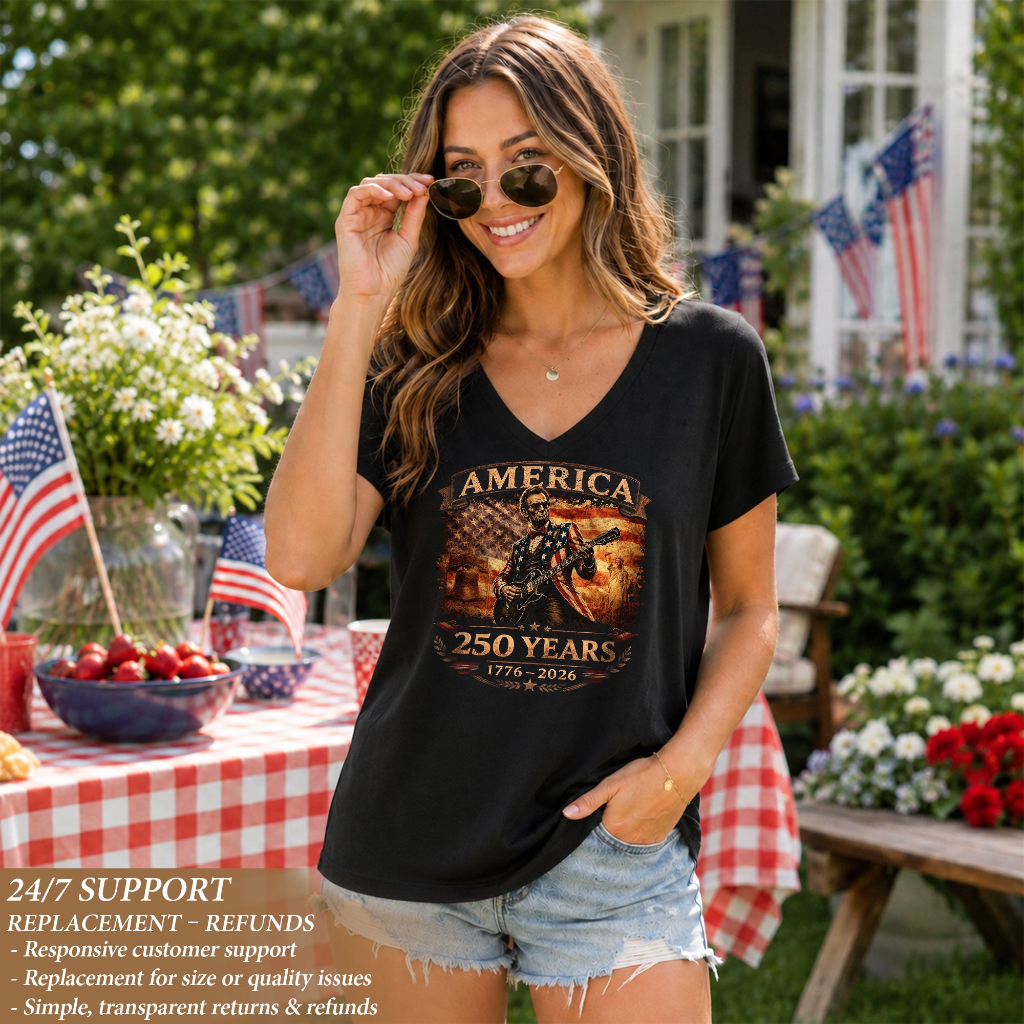 Patriotic Lincoln Liberty Bell V-Neck Shirt Vintage 1776-2026 America 250 Years