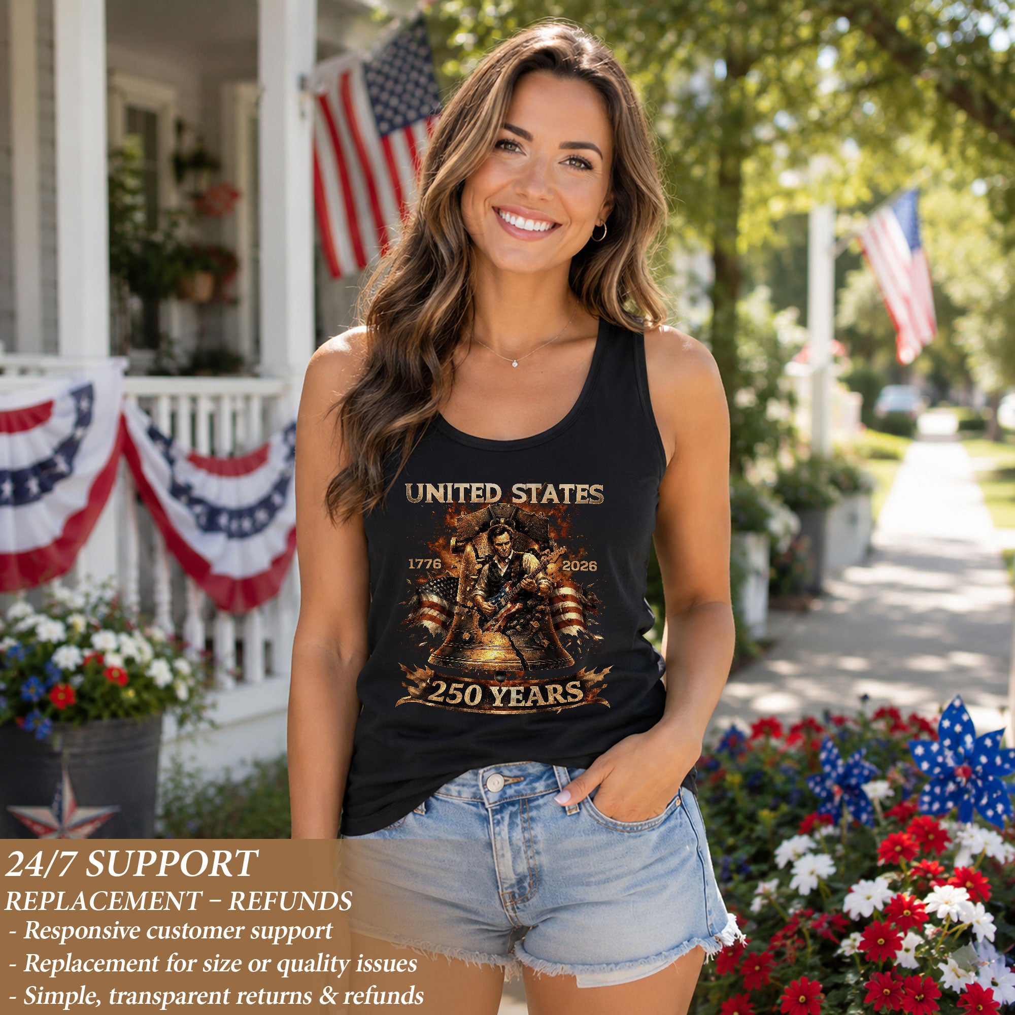 Lincoln Women Tank Top Liberty Bell Guitar Graphic 1776 2026 250 Years Patriotic Shirt - Rust Field Wear