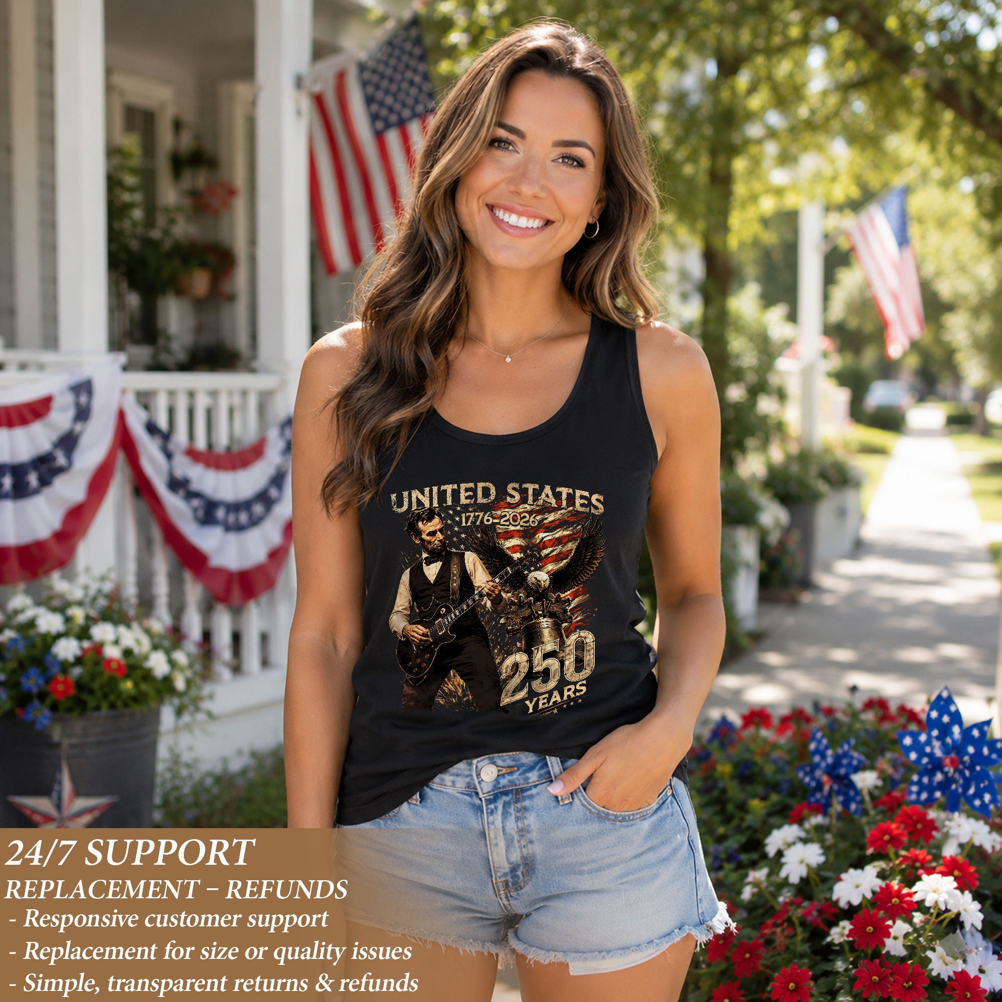 Abraham Lincoln Women Tank Top Bald Eagle Liberty Bell Guitar 1776 2026 250 Years Shirt - Rust Field Wear