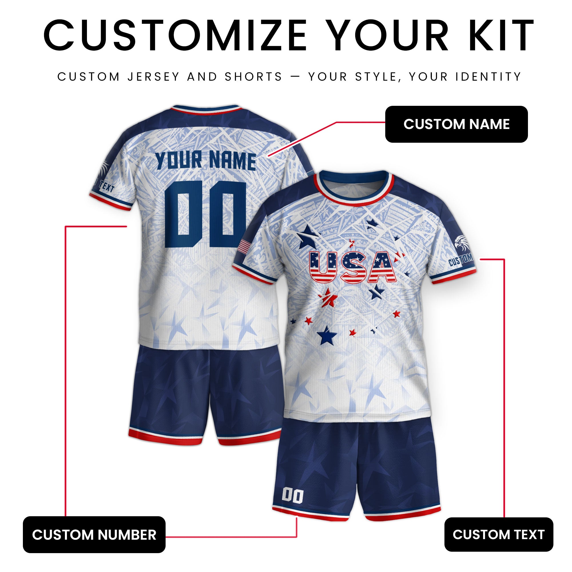Custom Kids USA Soccer Jersey White Blue Patriotic American Football Shirt