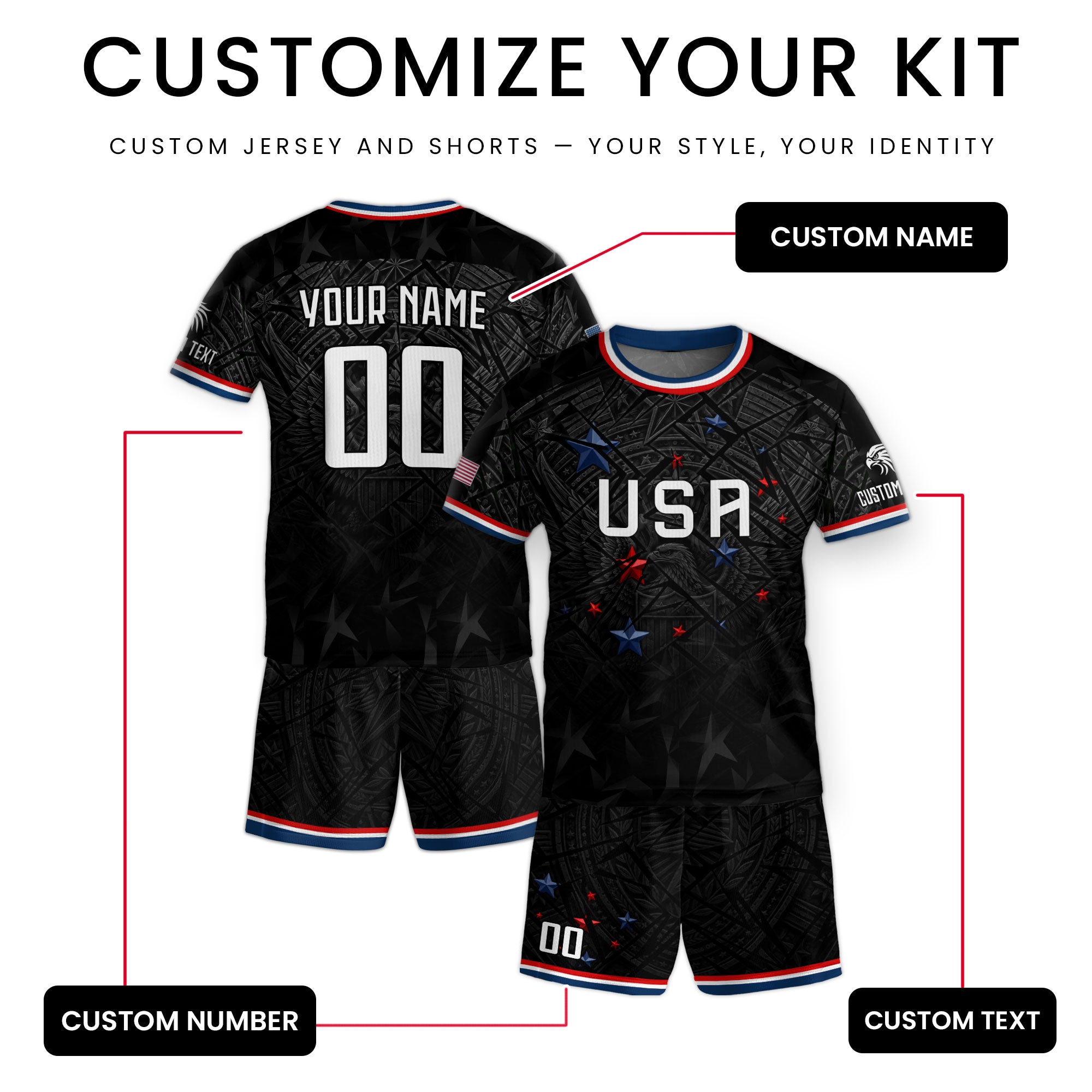 Kids USA Soccer Jersey Black Personalized Youth Patriotic American Football Shirt