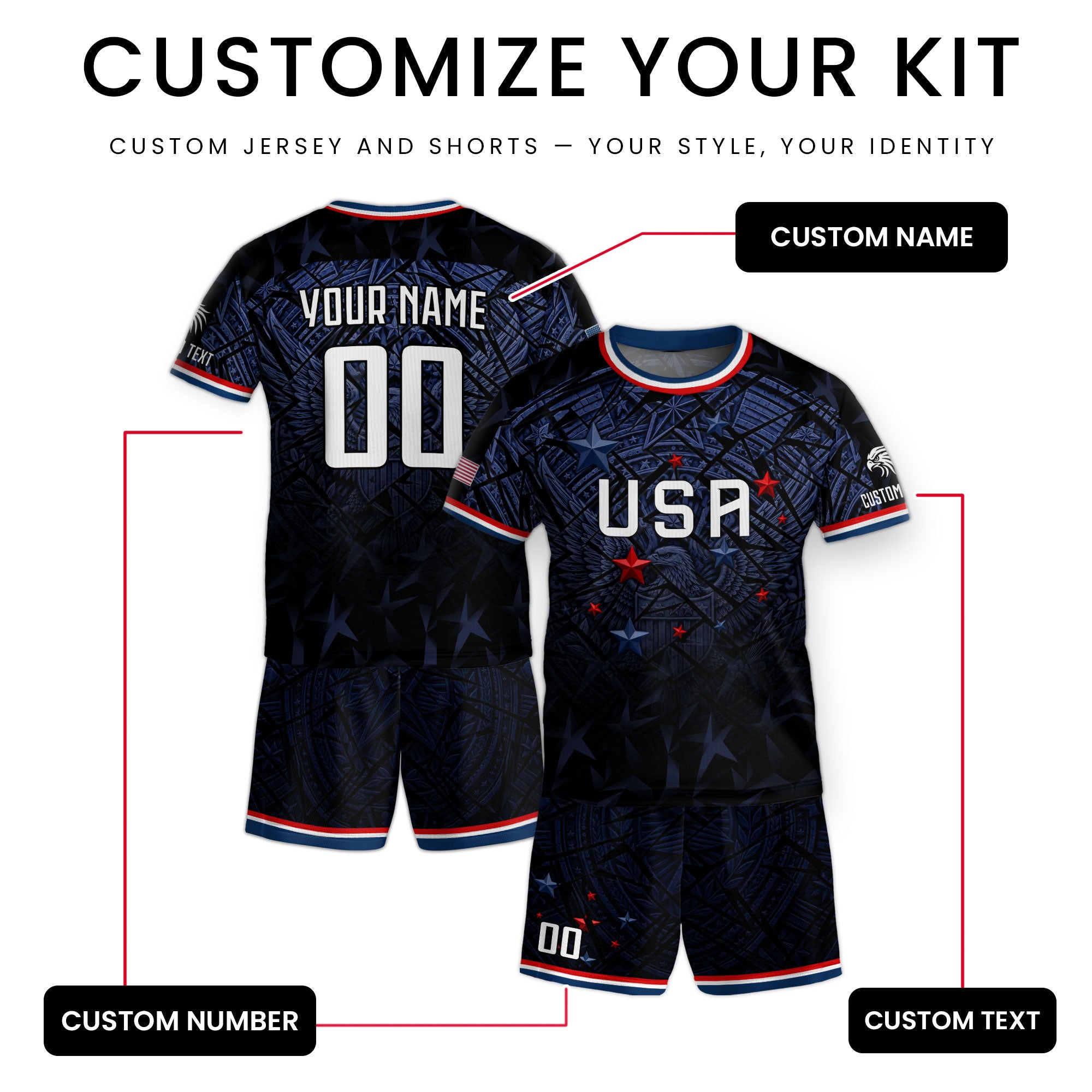 Kids USA Soccer Jersey Navy Personalized Youth Patriotic American Football Shirt
