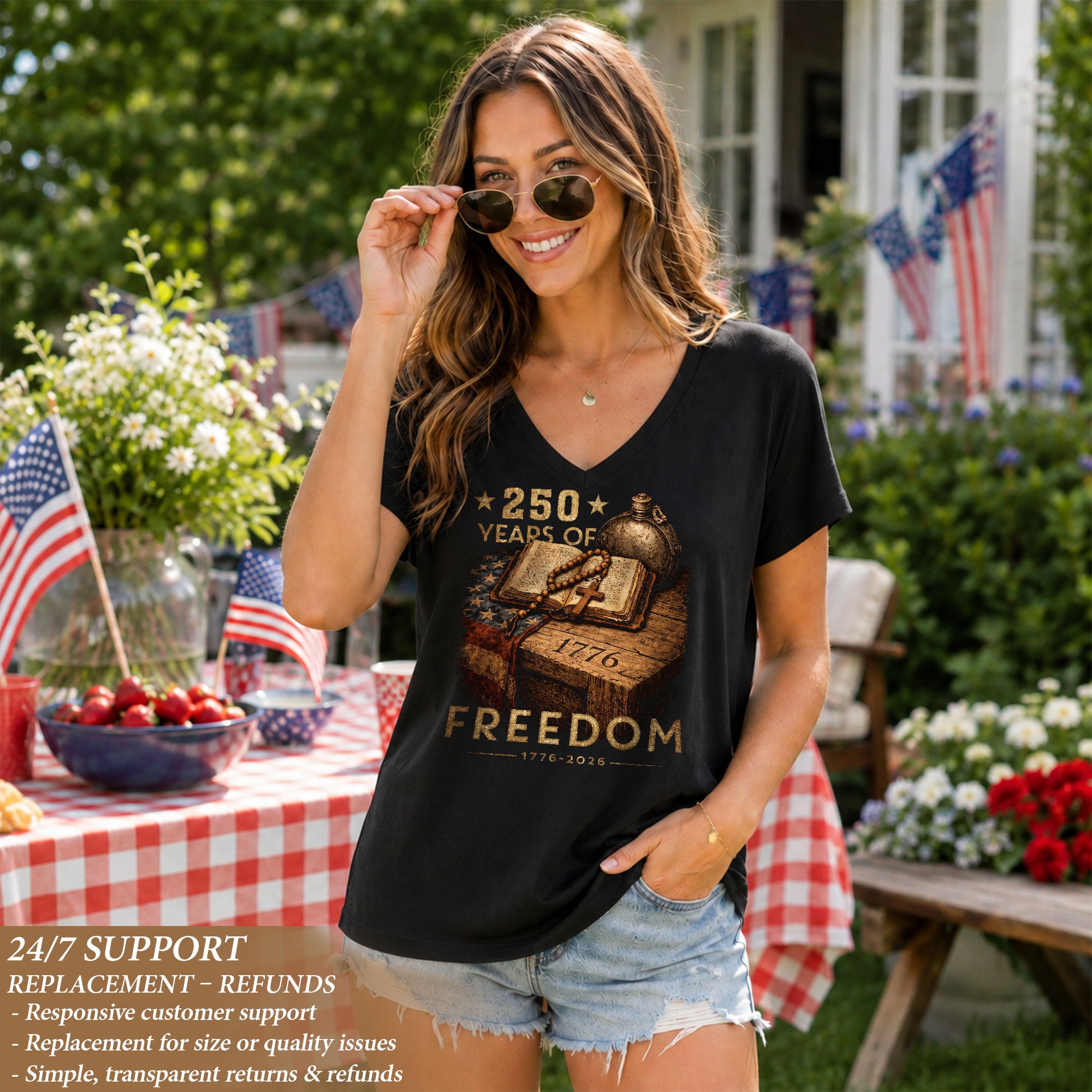 250 Years of Freedom Women's V-Neck T-Shirt 1776-2026 Patriotic Faith Tee - Rust Field Wear