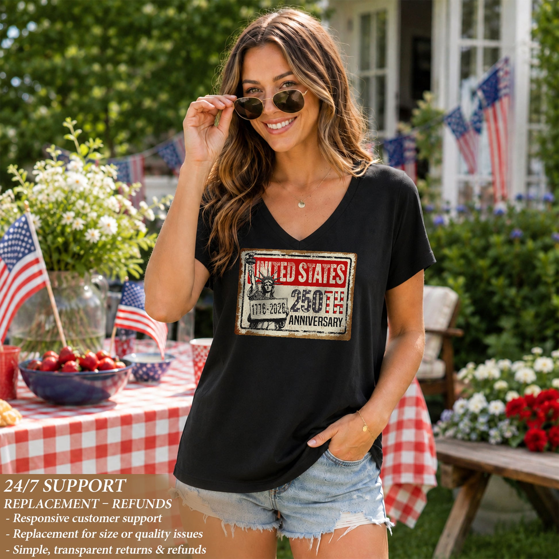 United States 250th Anniversary Women V-Neck T-Shirt 1776-2026 Patriotic Liberty Tee - Rust Field Wear