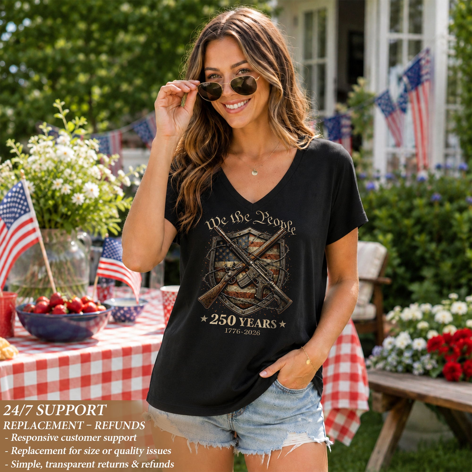 We The People 250 Years Women's V-Neck T-Shirt 1776-2026 Patriotic Freedom Tee - Rust Field Wear