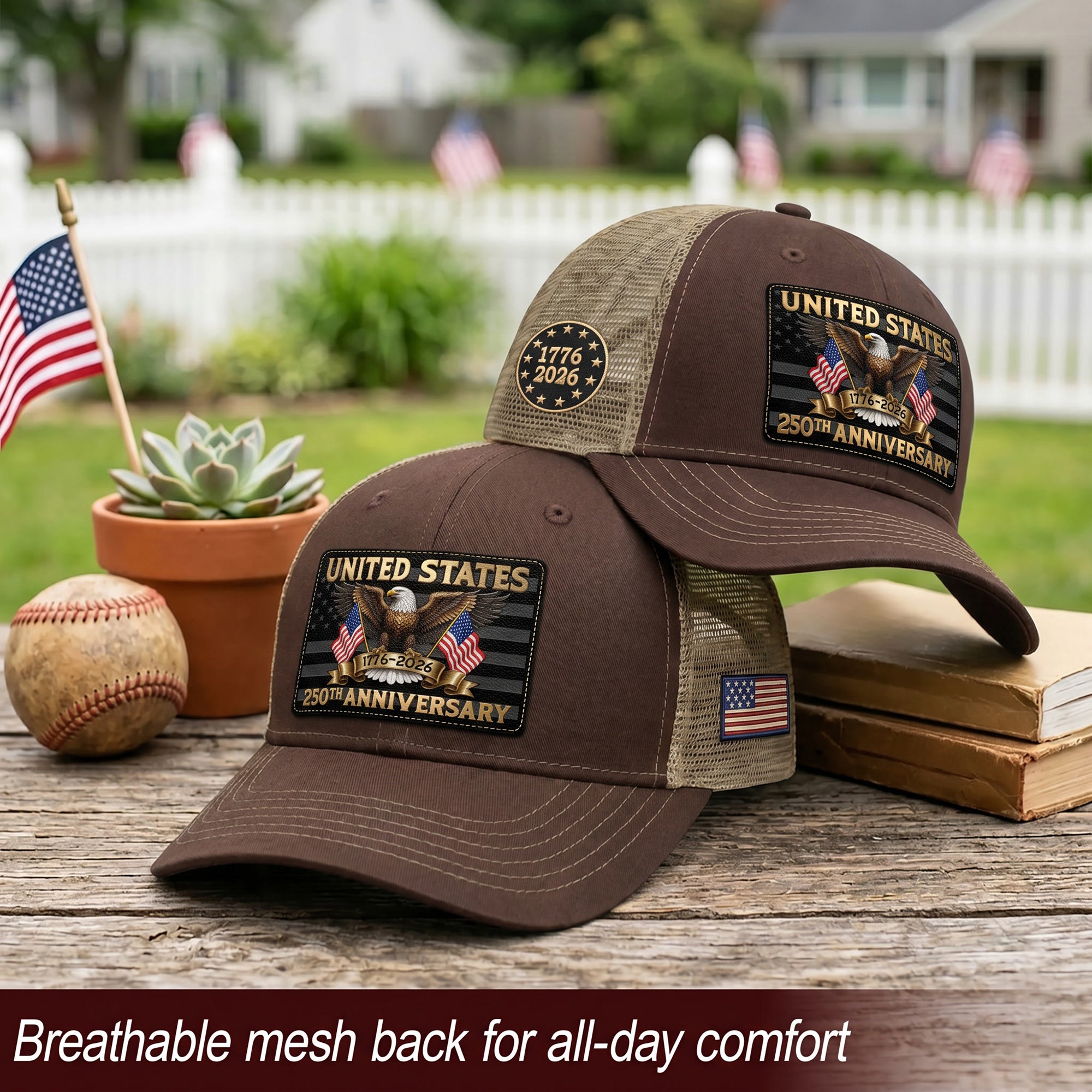 Brown Tan Mesh Back Cap Leather Patch 1776 to 2026 Structured Anniversary Hat