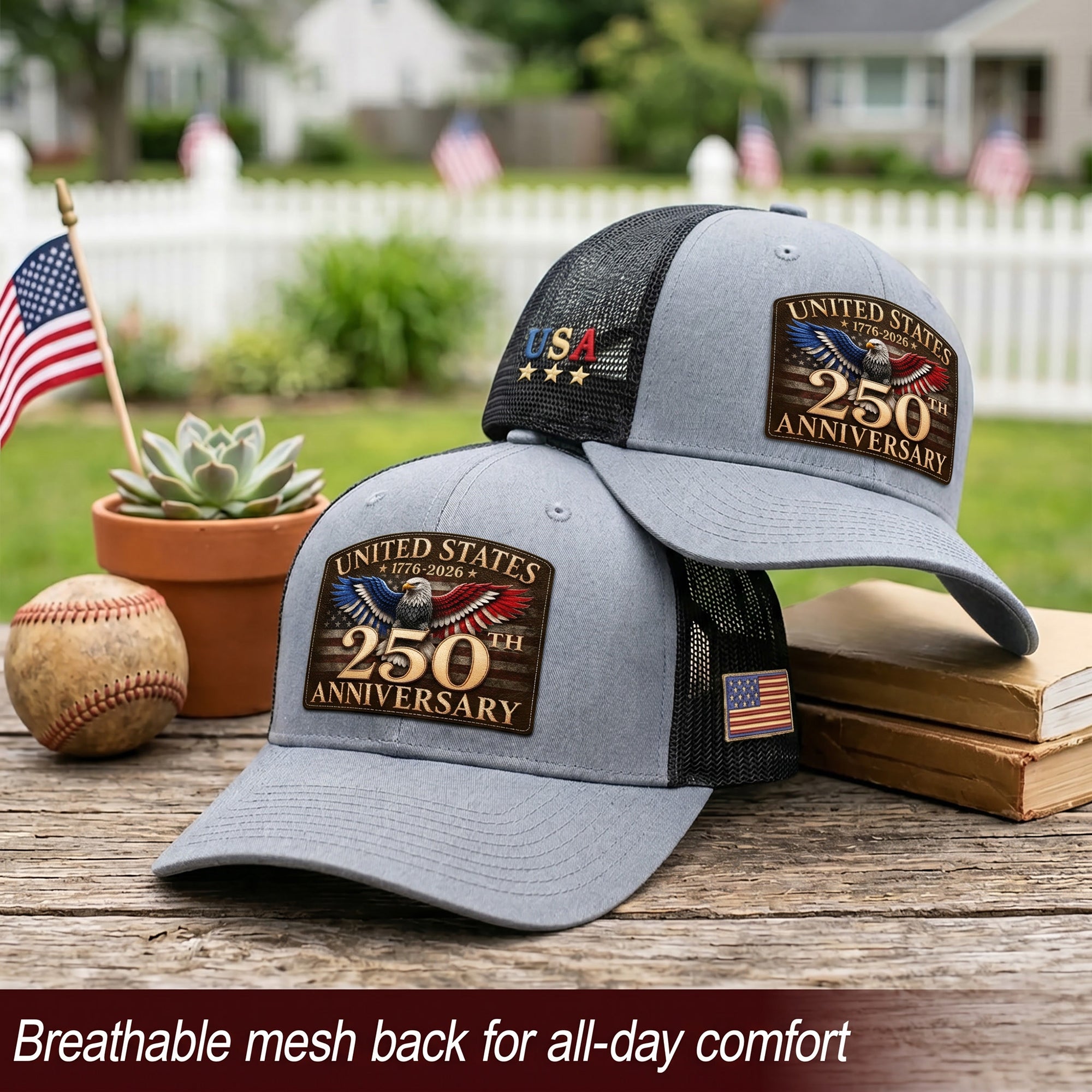 United States 250th Anniversary Trucker Hat Leather Patch Gray Black Commemorative