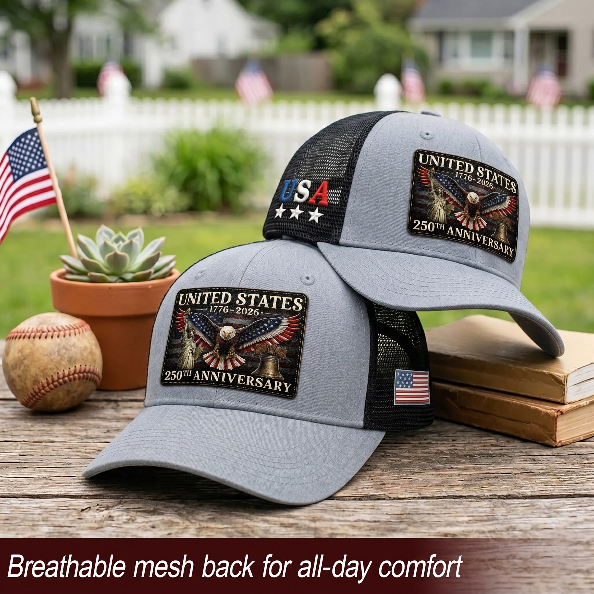 Gray Black Mesh Back Cap Leather Patch 1776 to 2026 Structured Anniversary Hat