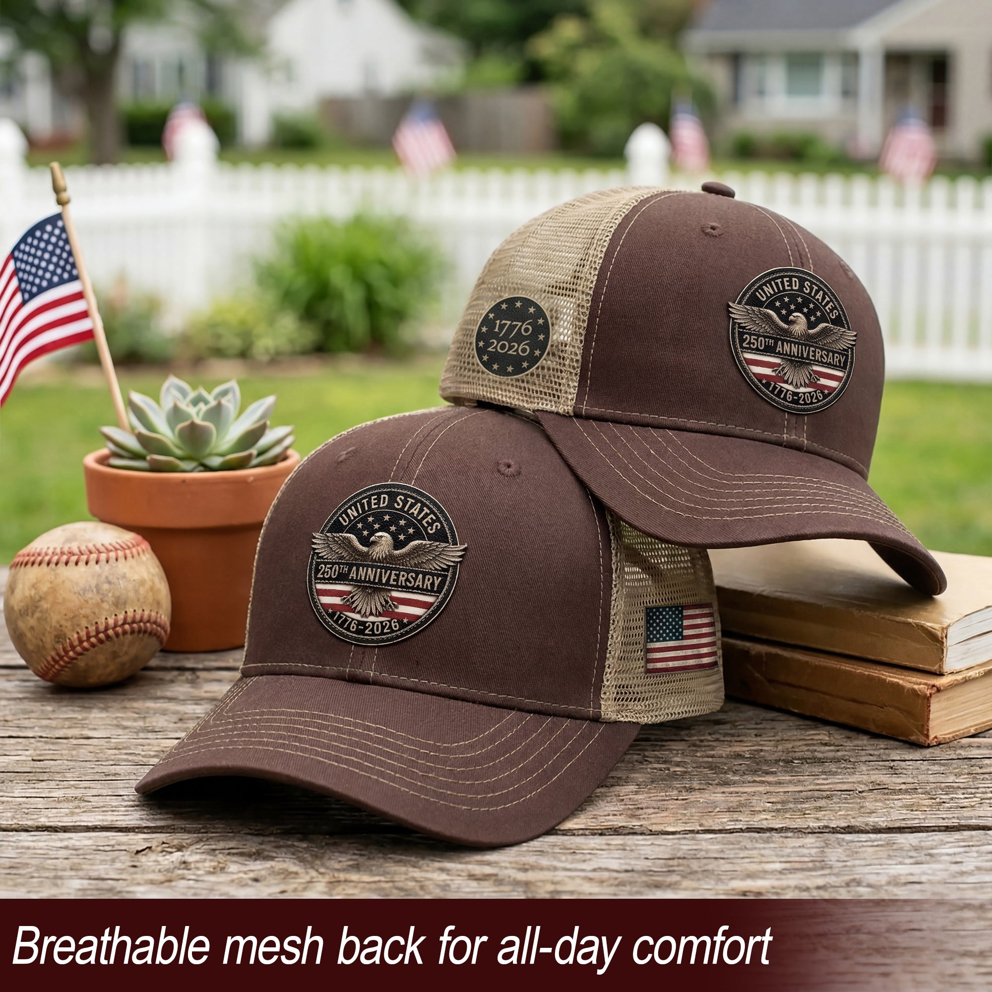 United States 250th Anniversary Leather Patch Hat Patriotic Mesh Back Cap Brown