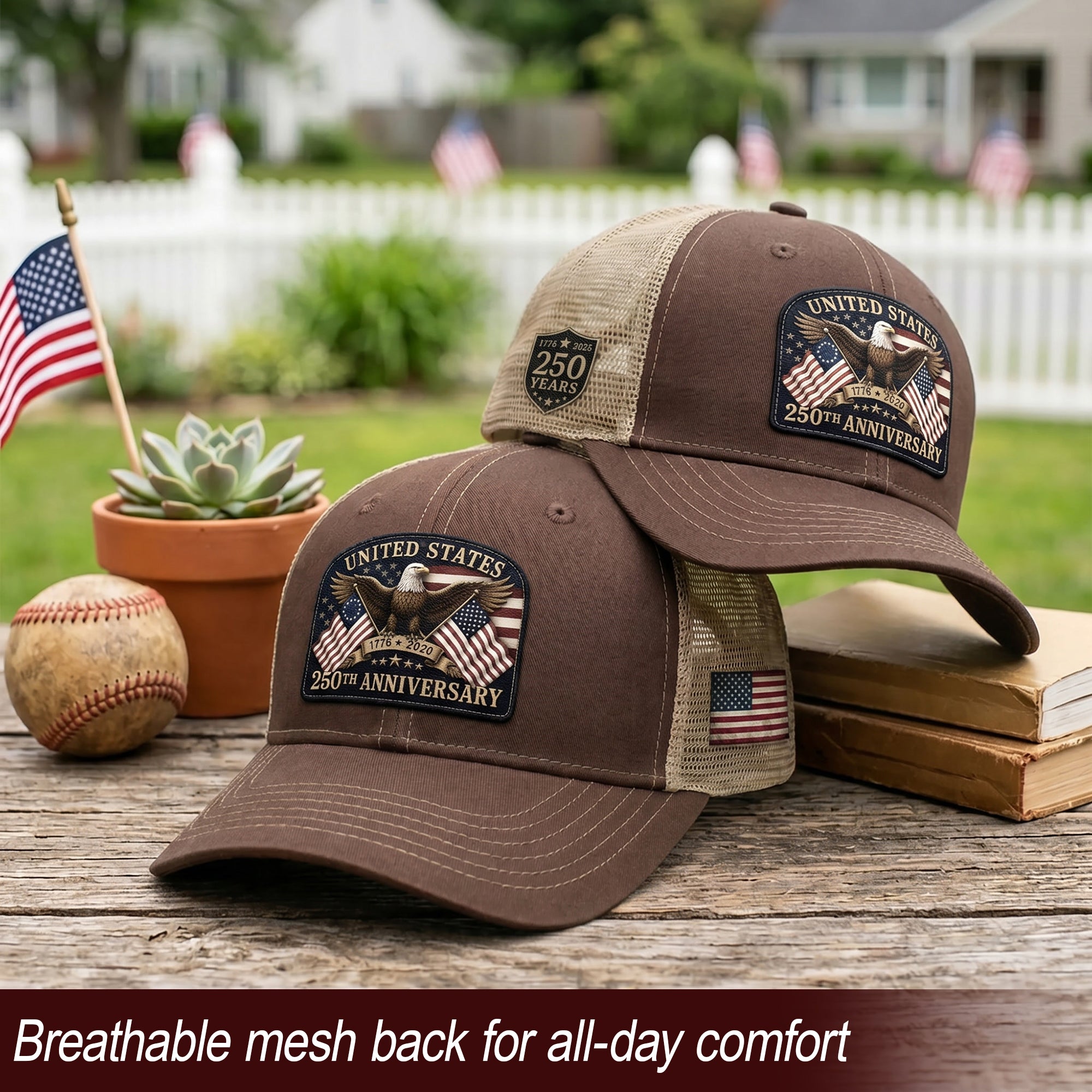Leather Patch Hat United States 250th Anniversary Patriotic Mesh Back Summer Cap