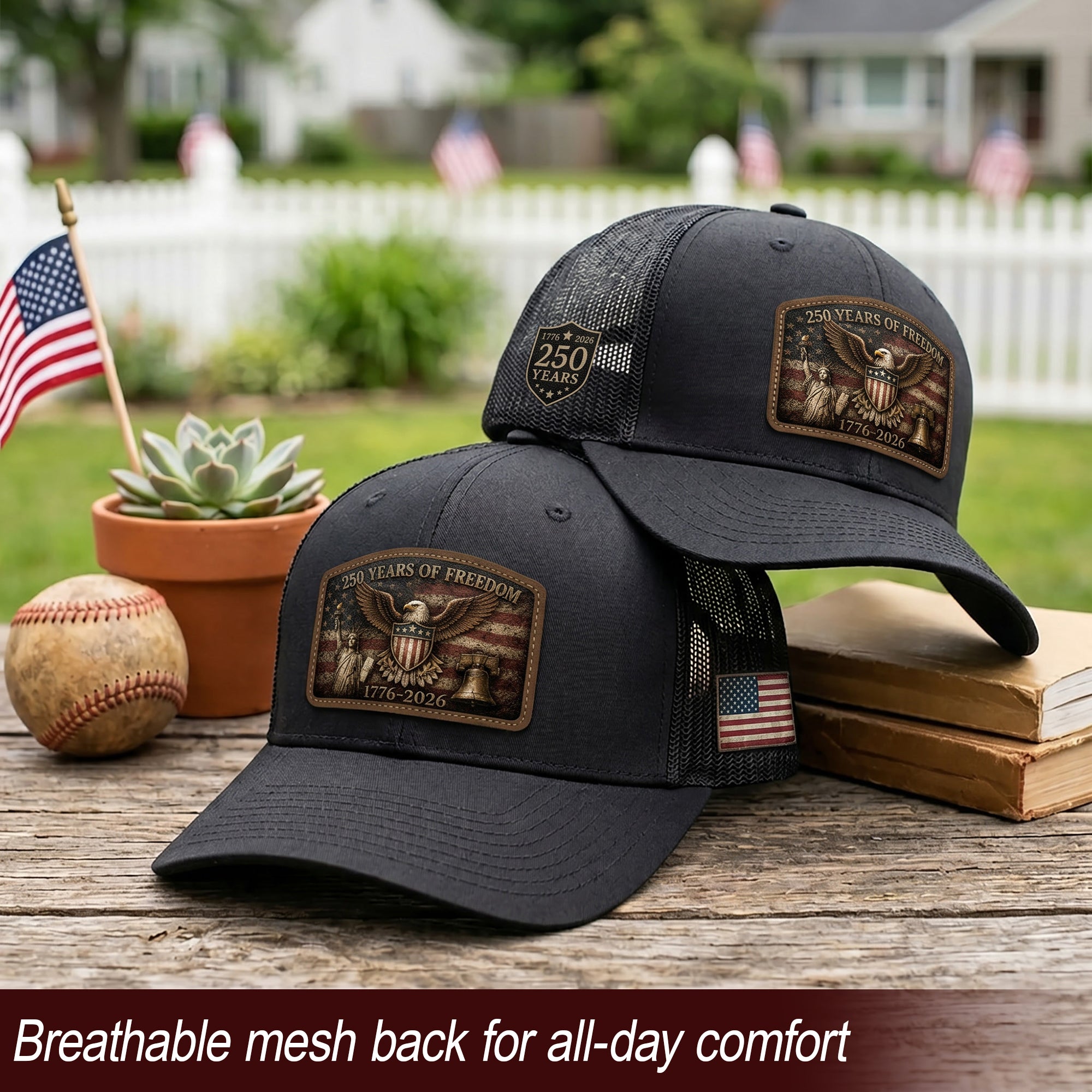 Black Patriotic Leather Patch Hat 250 Years Of Freedom USA Mesh Back Trucker Cap