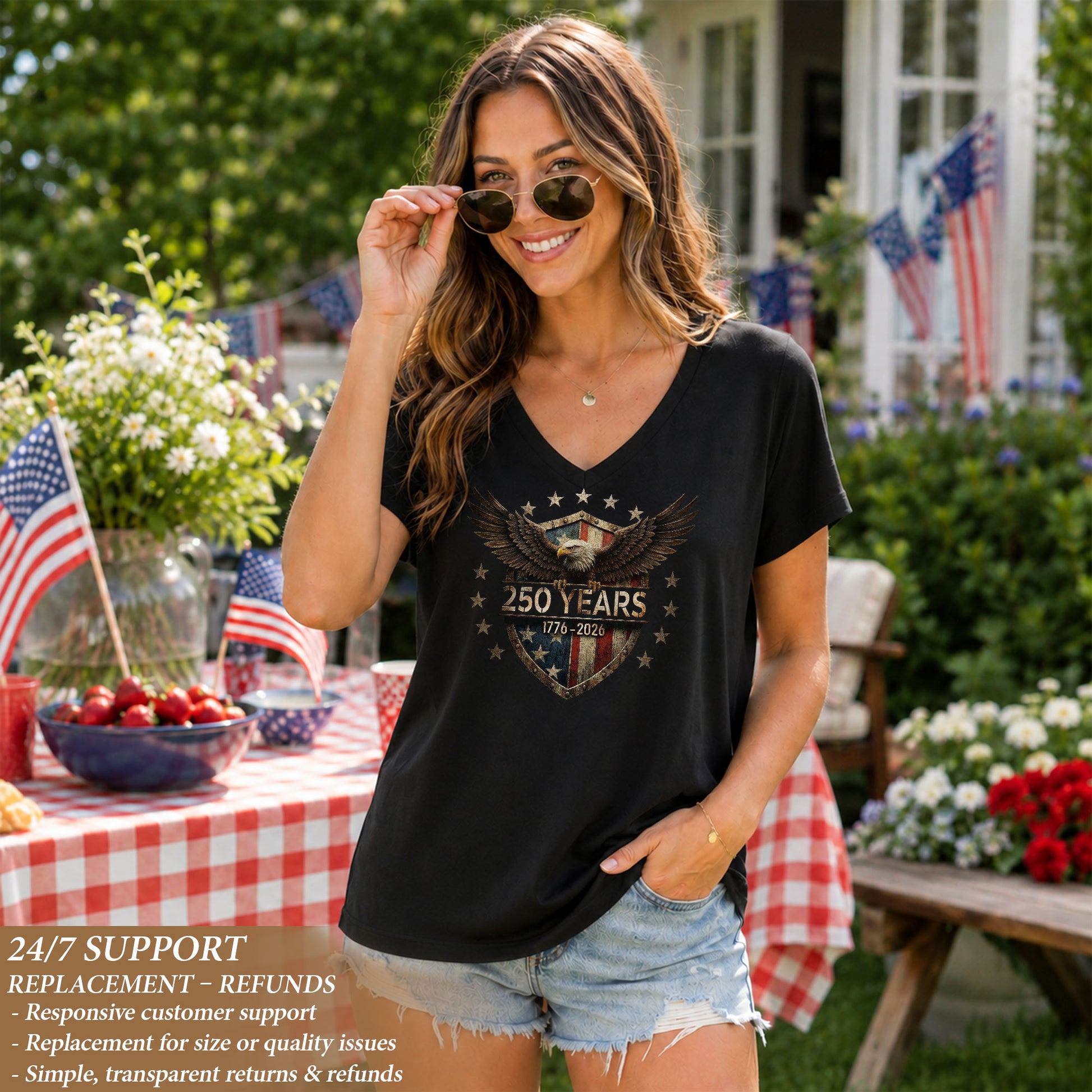 250 Years Women's V-Neck T-Shirt Eagle Shield Patriotic Freedom 1776-2026 Tee - Rust Field Wear