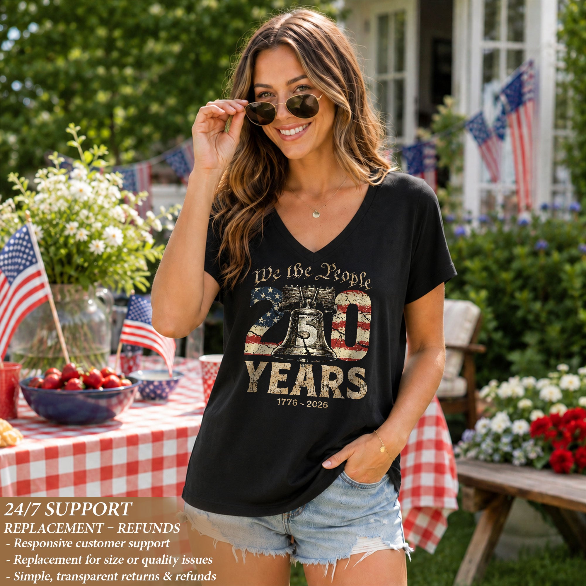 Women's Patriotic Heritage V-Neck Shirt We The People 250 Years Freedom Tee - Rust Field Wear