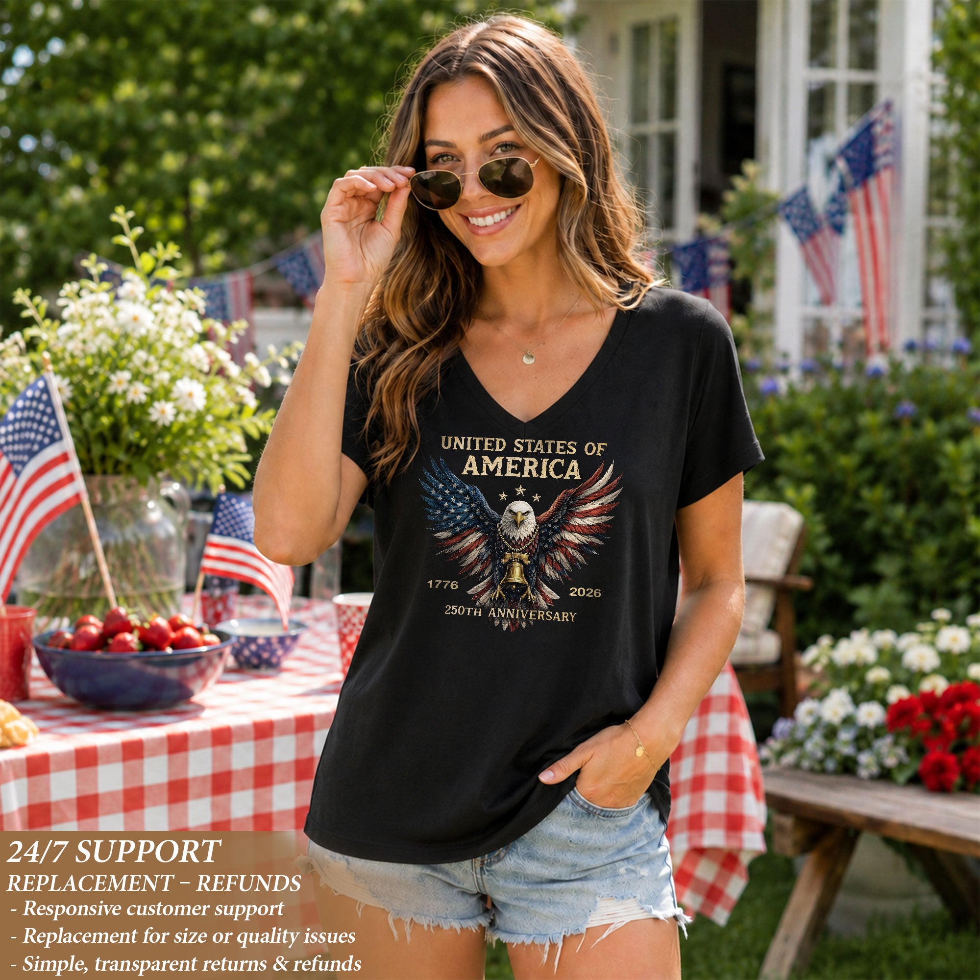 USA 250th Anniversary American Eagle V Neck T Shirt Women Patriotic Casual Graphic Tee - Rust Field Wear