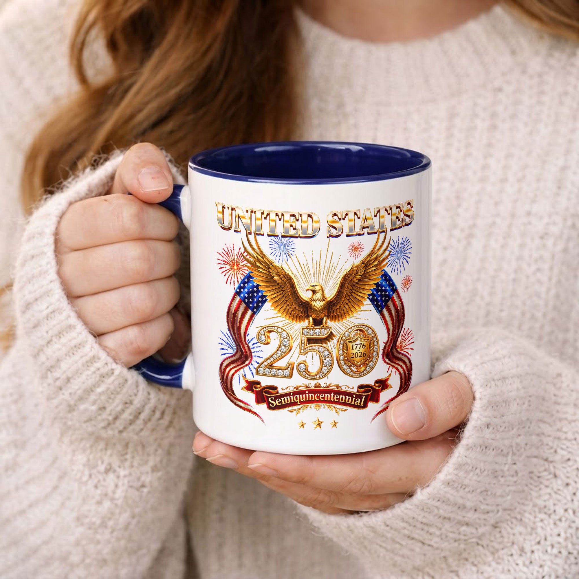 United States 1776 2026 Accent Mug - Patriotic Golden Eagle US Flag Gift Cup