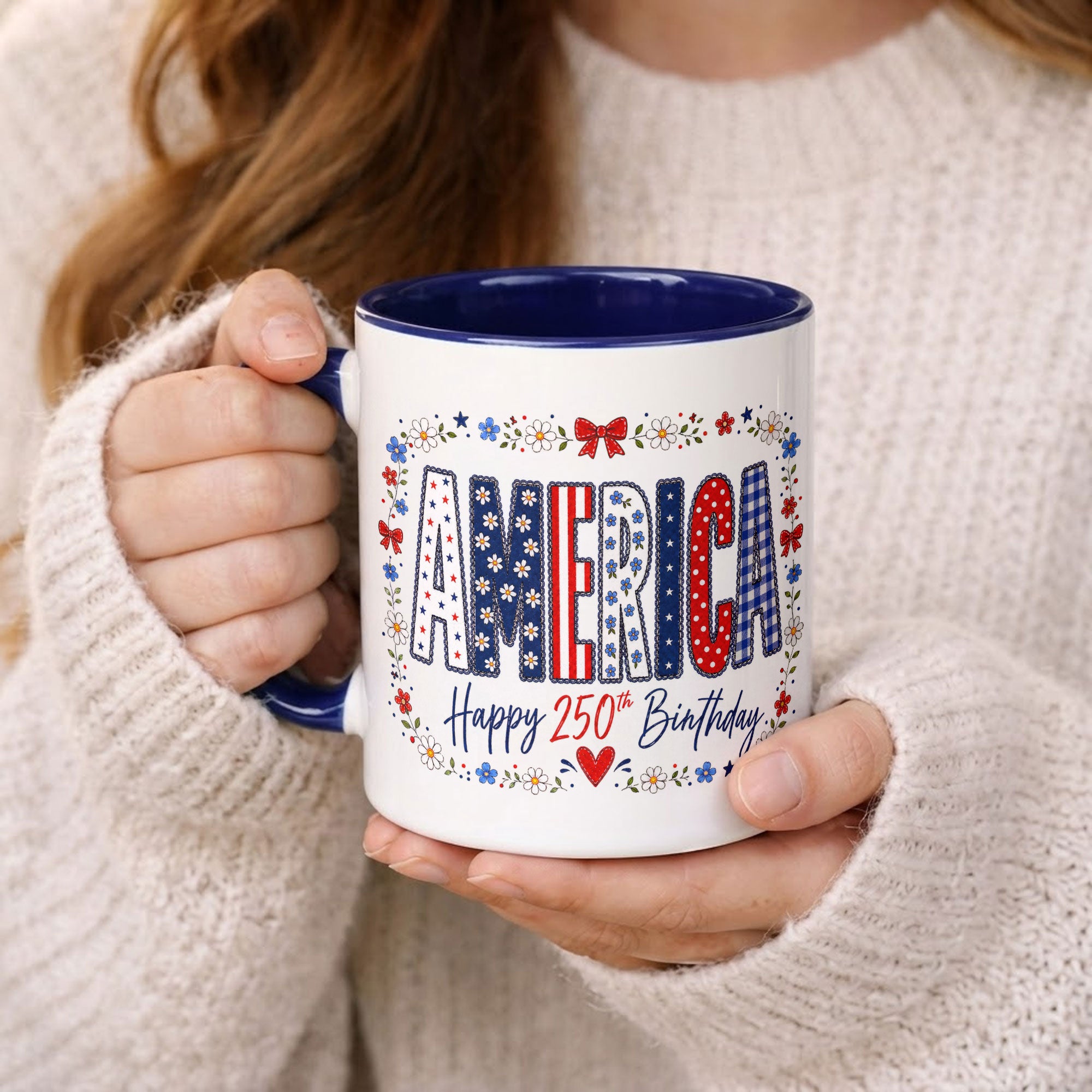 Cute America Floral Mug - Happy 250th Birthday Patriotic US Coquette Bow Ceramic Cup