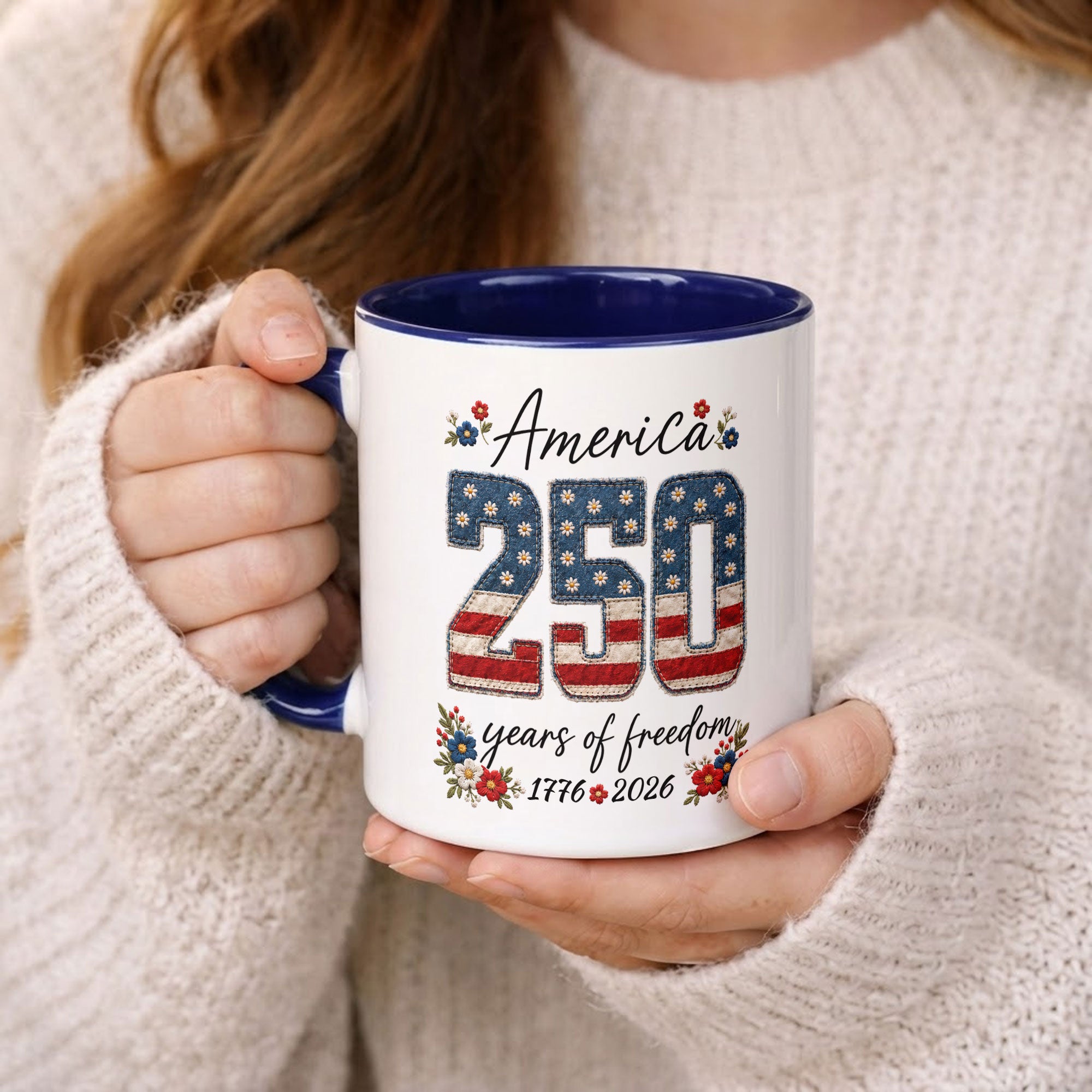Cute America 250 Years Mug - Patriotic Floral US Anniversary Rim Ceramic Cup