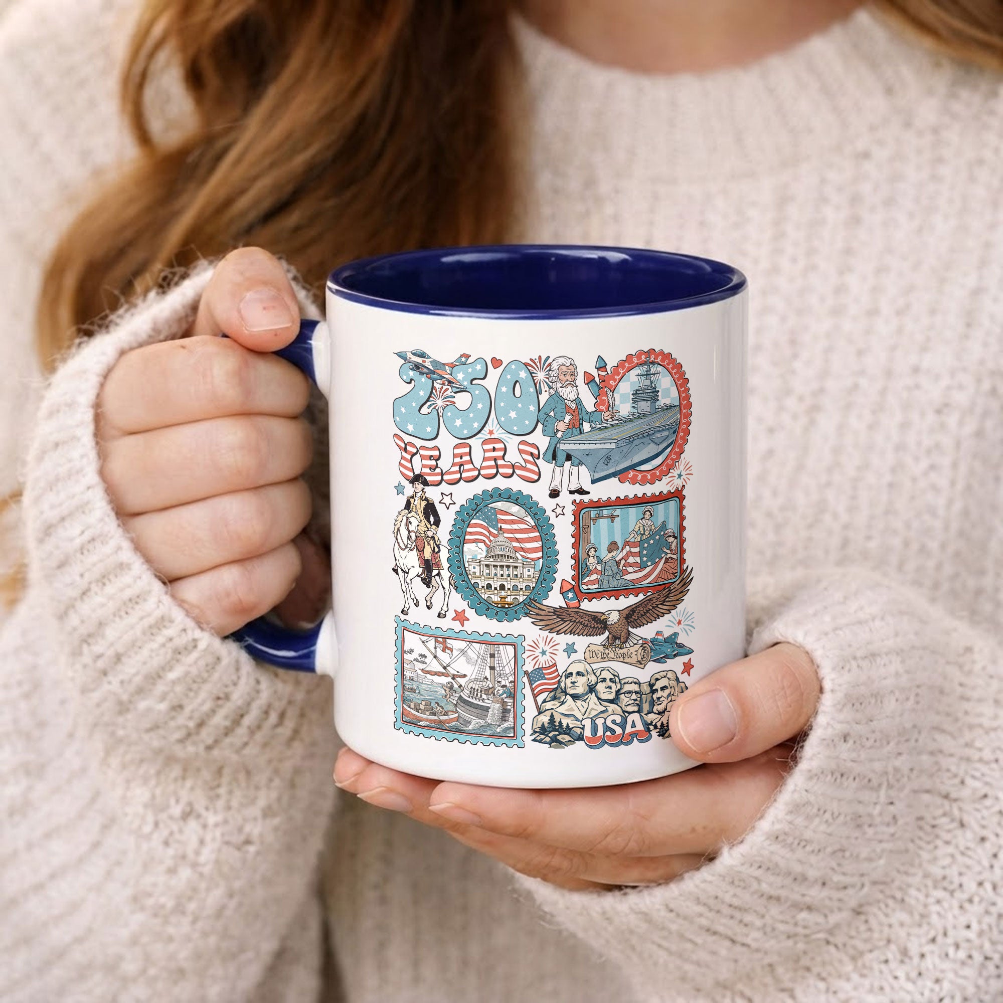 250 Years Patriotic Doodle Accent Mug - Vintage American History Icons Gift Cup