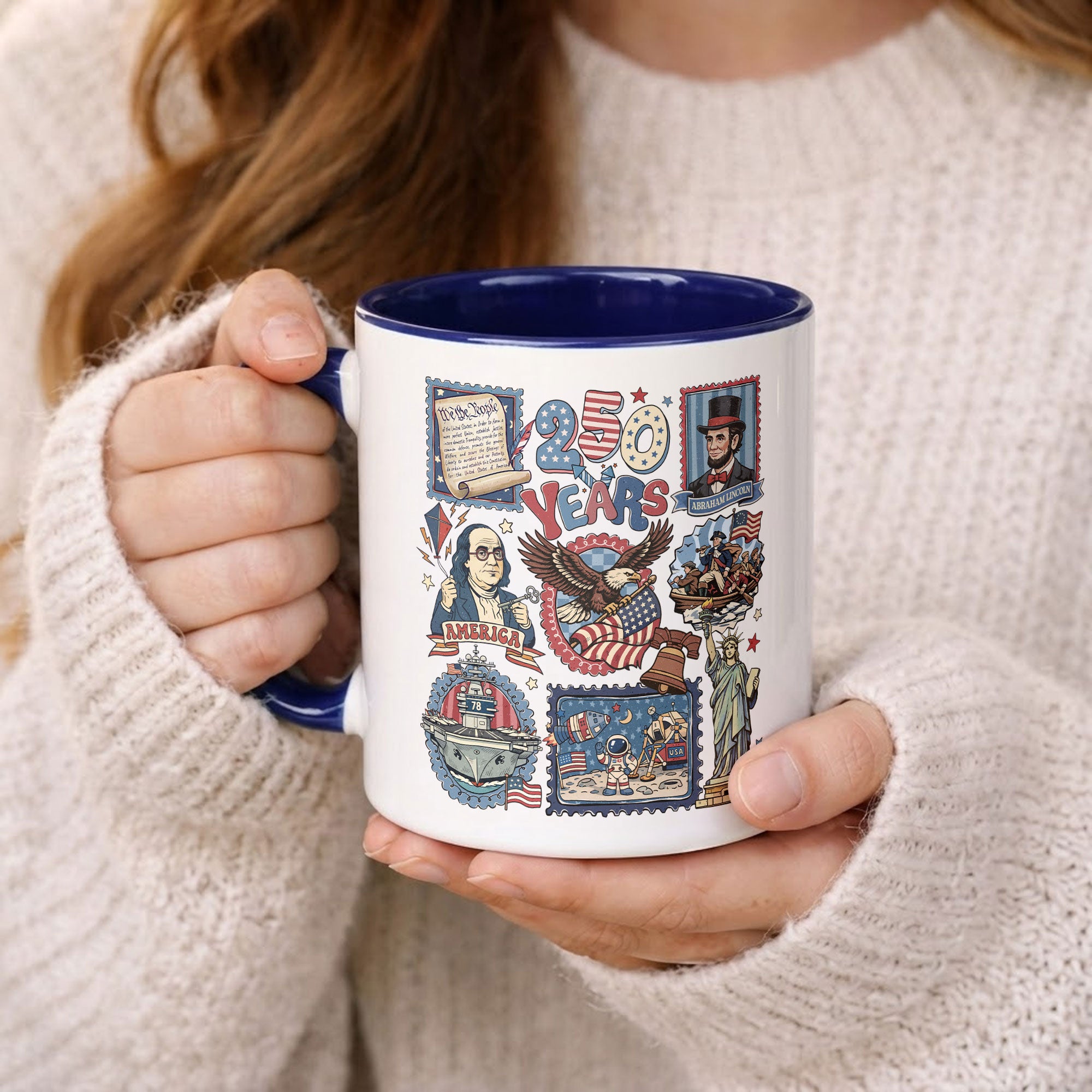 250 Years Patriotic Liberty Accent Mug - Historical Doodle Stamps American Eagle Gift Cup